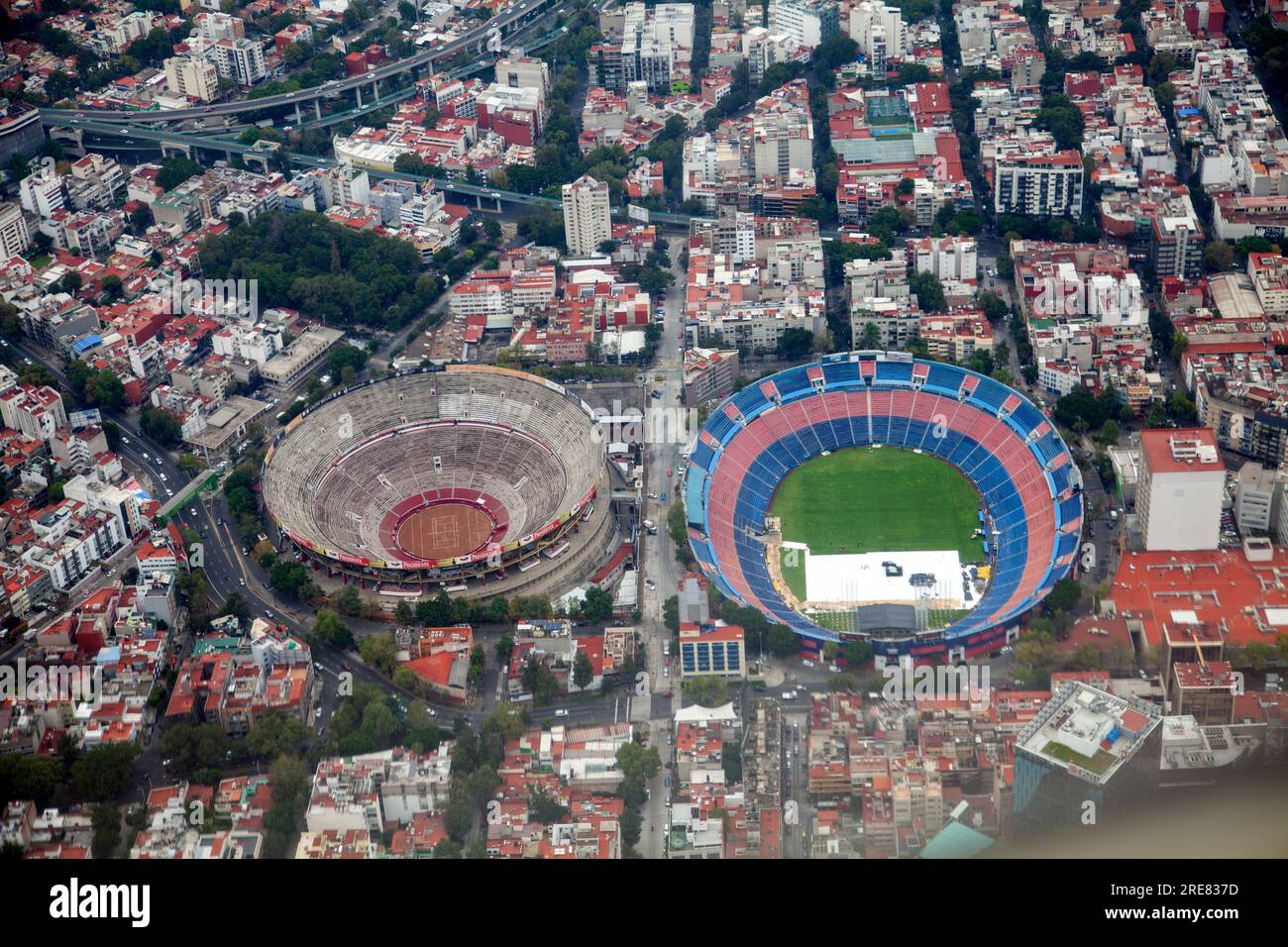 Flying over Mexico City, Plaza de Toros and Estadio Azul - Mexico Stock Photo