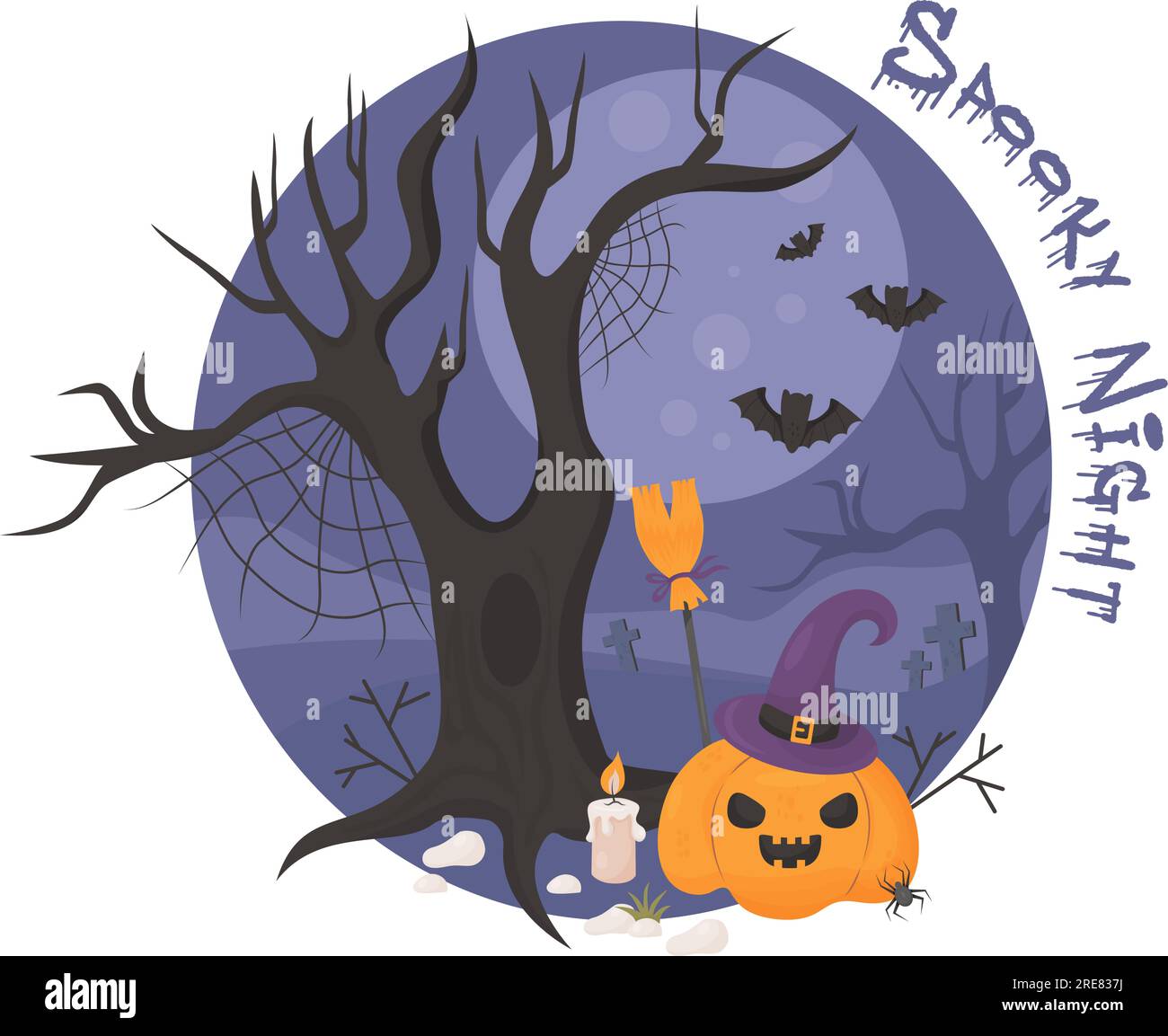 Halloween card. Pumpkin jack o lantern in witch hat with bats. Spooky full moon night in scary forest. Vector illustration in cartoon flat style for h Stock Vector