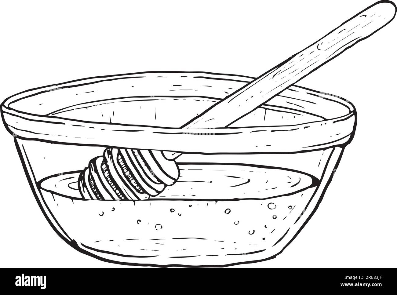 Honey in glass bowl with wooden dipper spoon vector. Hand drawn line sketch for cookbooks, recipes and kitchen designs Stock Vector