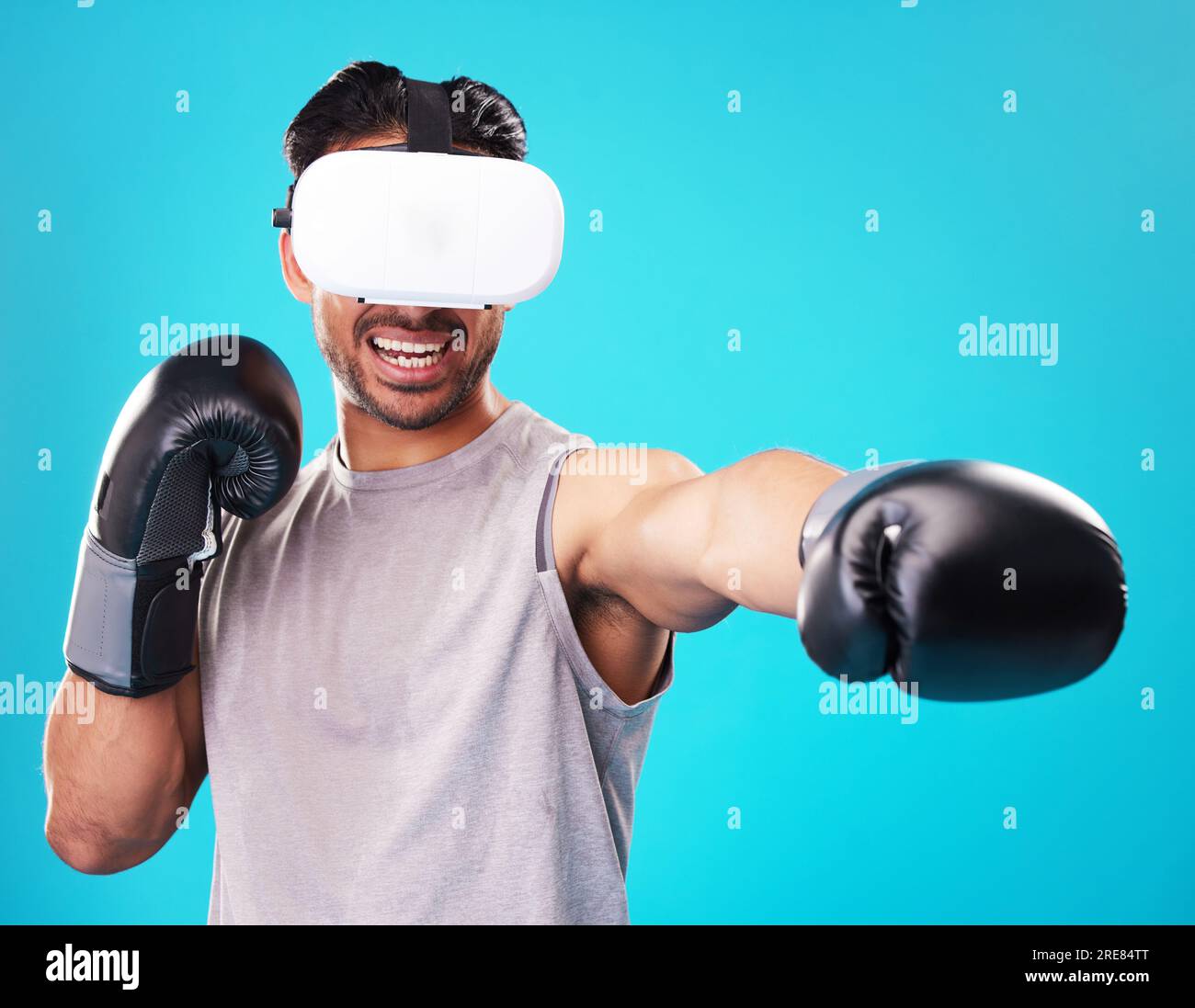Boxer man, virtual reality glasses and studio with punch, power and workout with 3D user experience