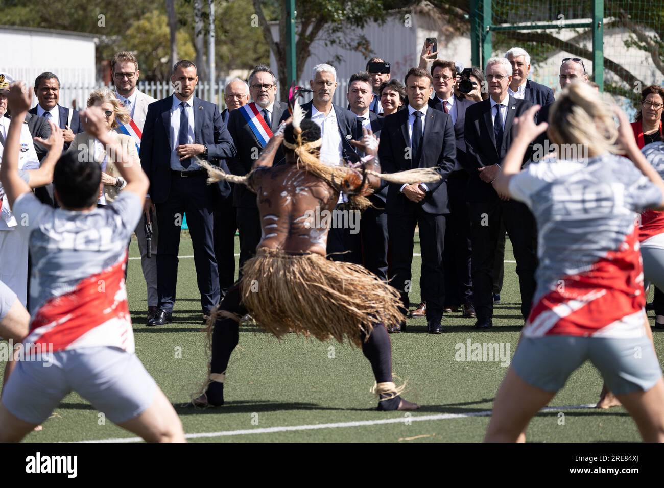Noumea, New Caledonia. 26th July, 2023. French President Emmanuel Macron look at a traditional