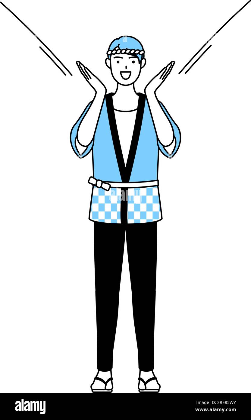 Man wearing Happi coat for summer festivals calling out with his hand ...