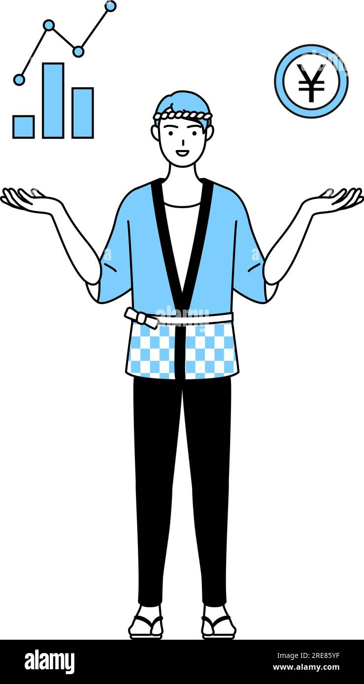 Man wearing Happi coat for summer festivals guiding an image of DX ...
