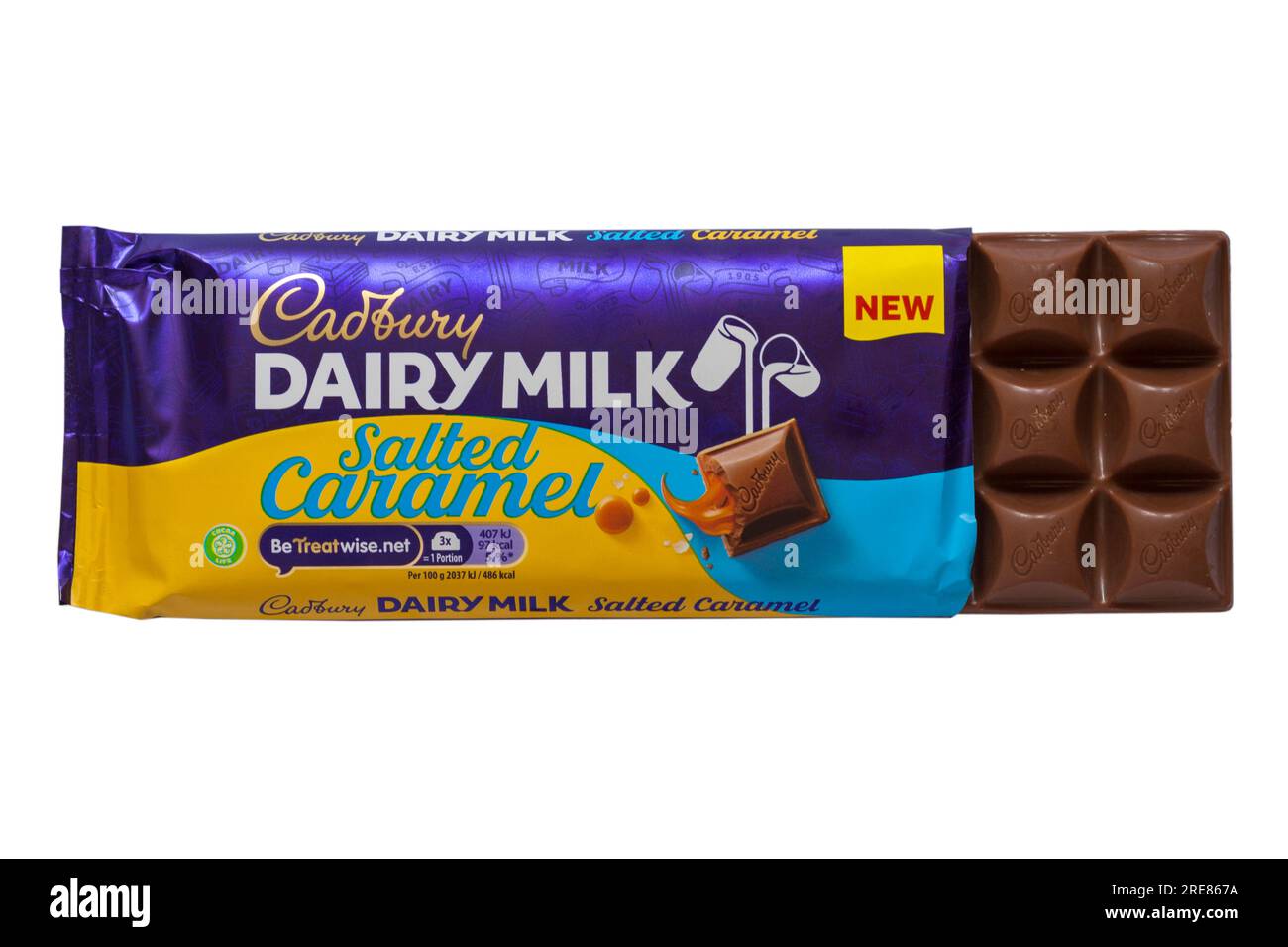 Bar of Cadbury's Dairy Milk Salted Caramel milk chocolate bar opened to