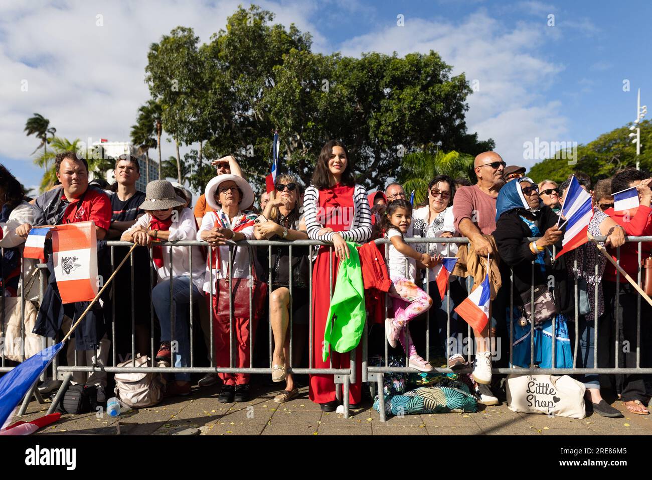 Noumea New Caledonia. 26th July 2023. People hold French flags