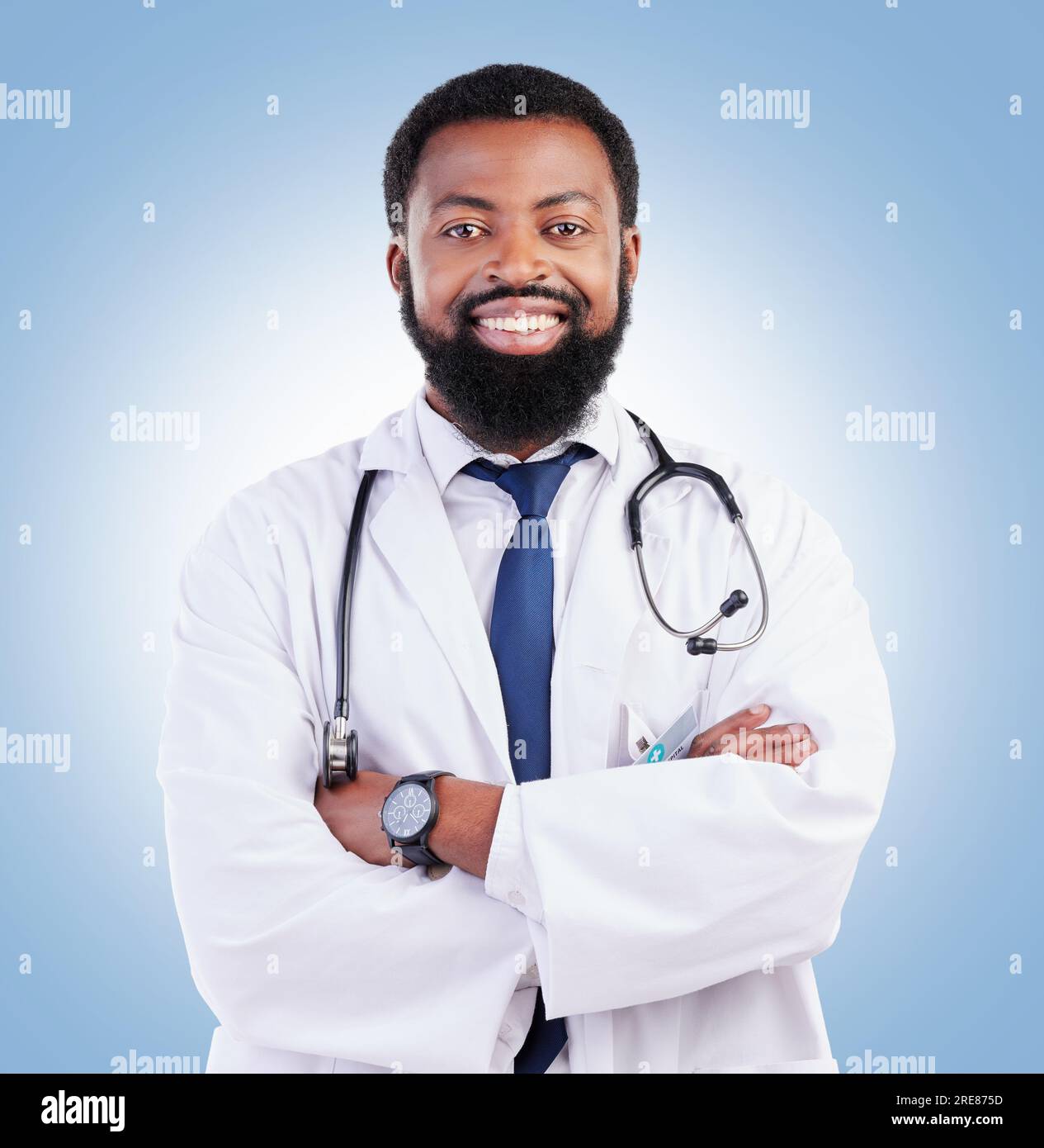 Doctor, black man and portrait with arms crossed in studio or happy ...