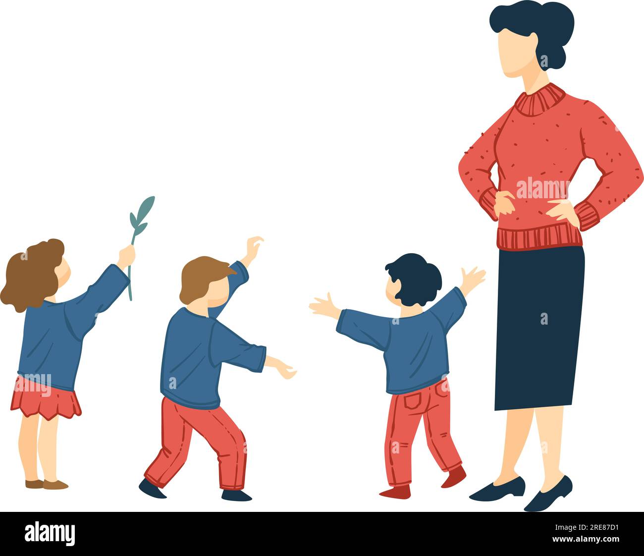 Kindergarten teacher looking after small children, kids playing and ...