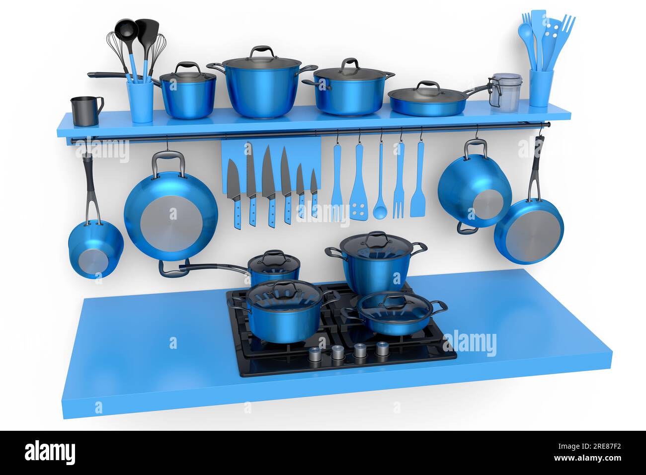 Set of kitchen utensil, stewpot, frying pan and chrome cookware hanging