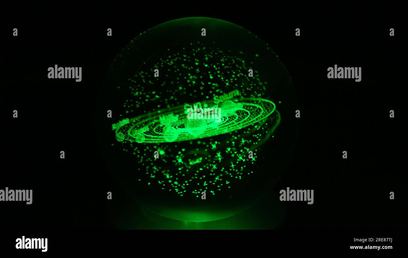 Laser engraved model of the Solar System, including Earth, inside a glass sphere. Solar System in Milky Way Galaxy on black background. Space, galaxie Stock Photo