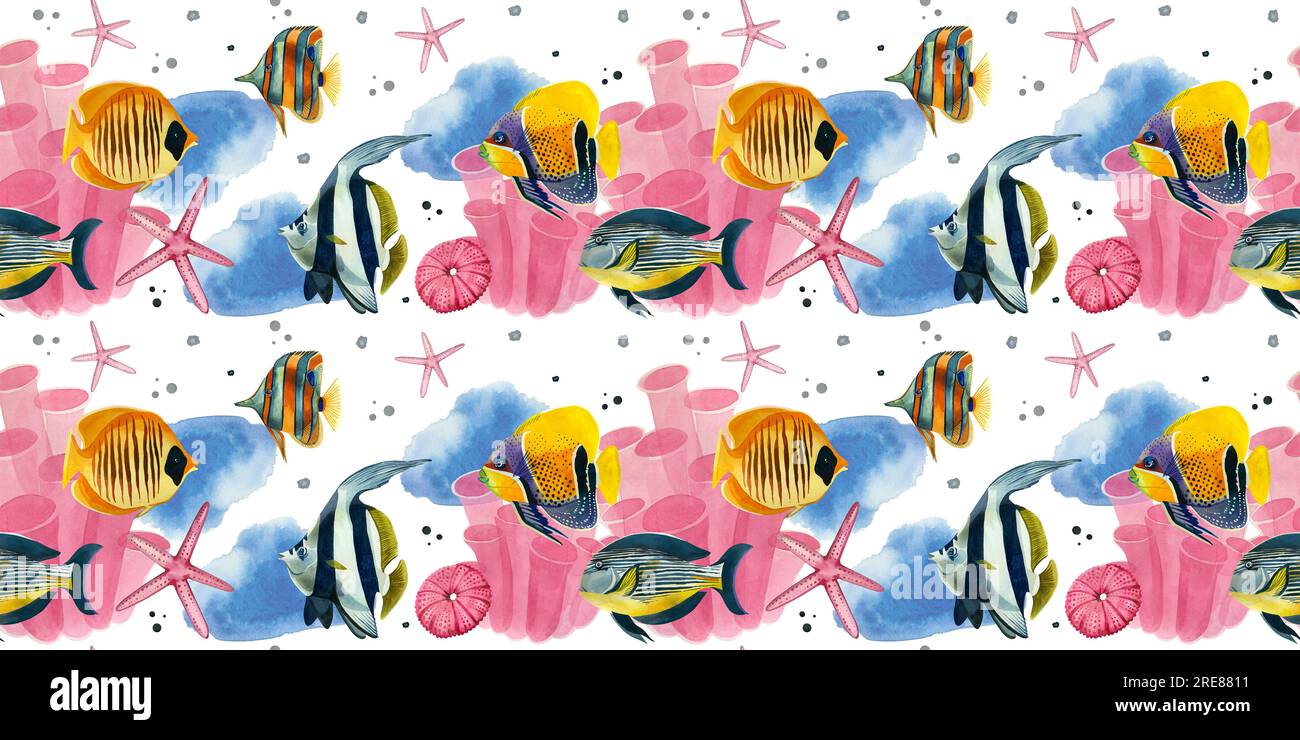 Seamless pattern. Tropical fish, corals, stars and hedgehogs in pink, hand-drawn in watercolor on a white background. suitable for printing on fabric Stock Photo