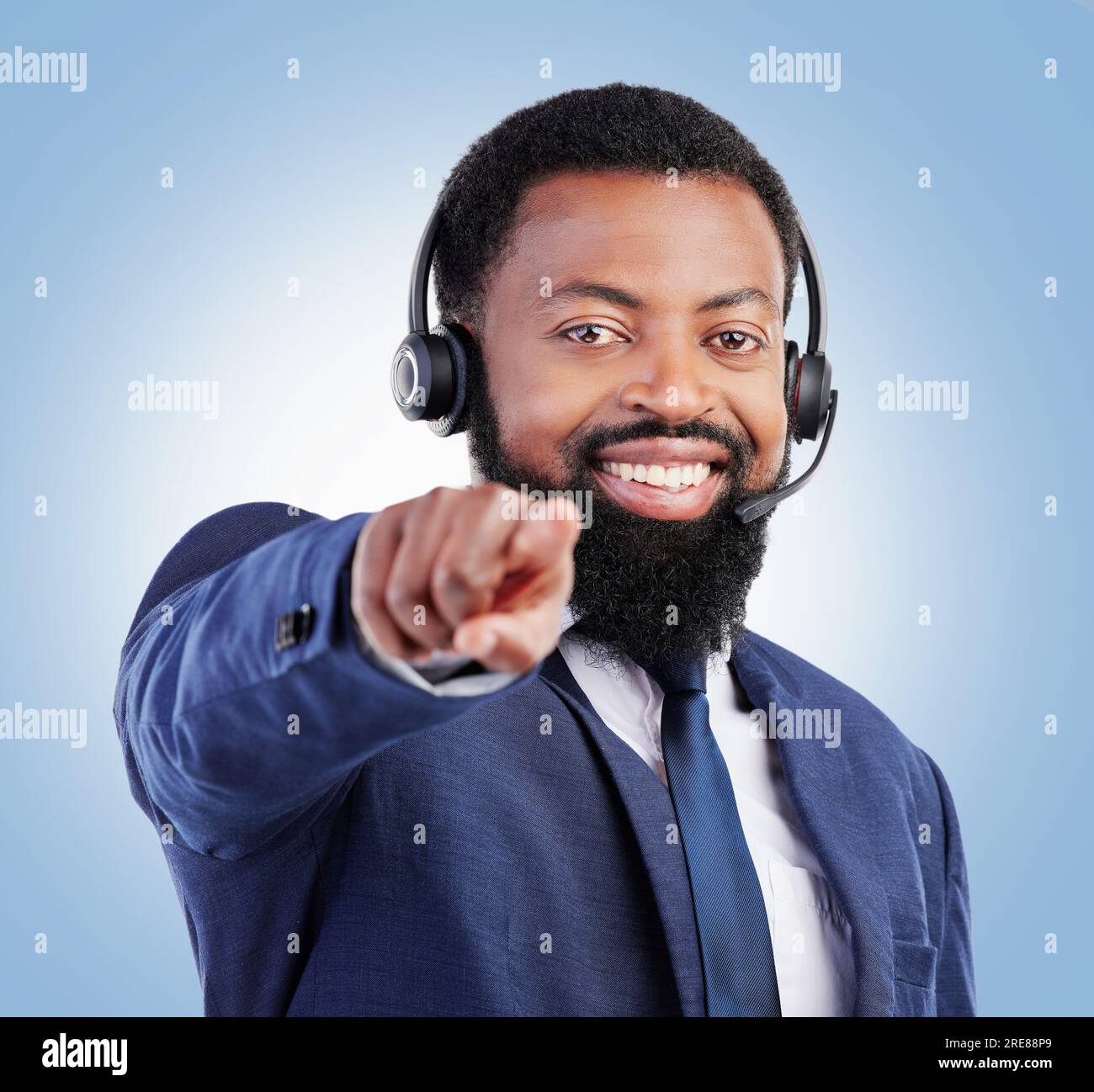 Customer support portrait, happy black man and pointing at you, telecom ...