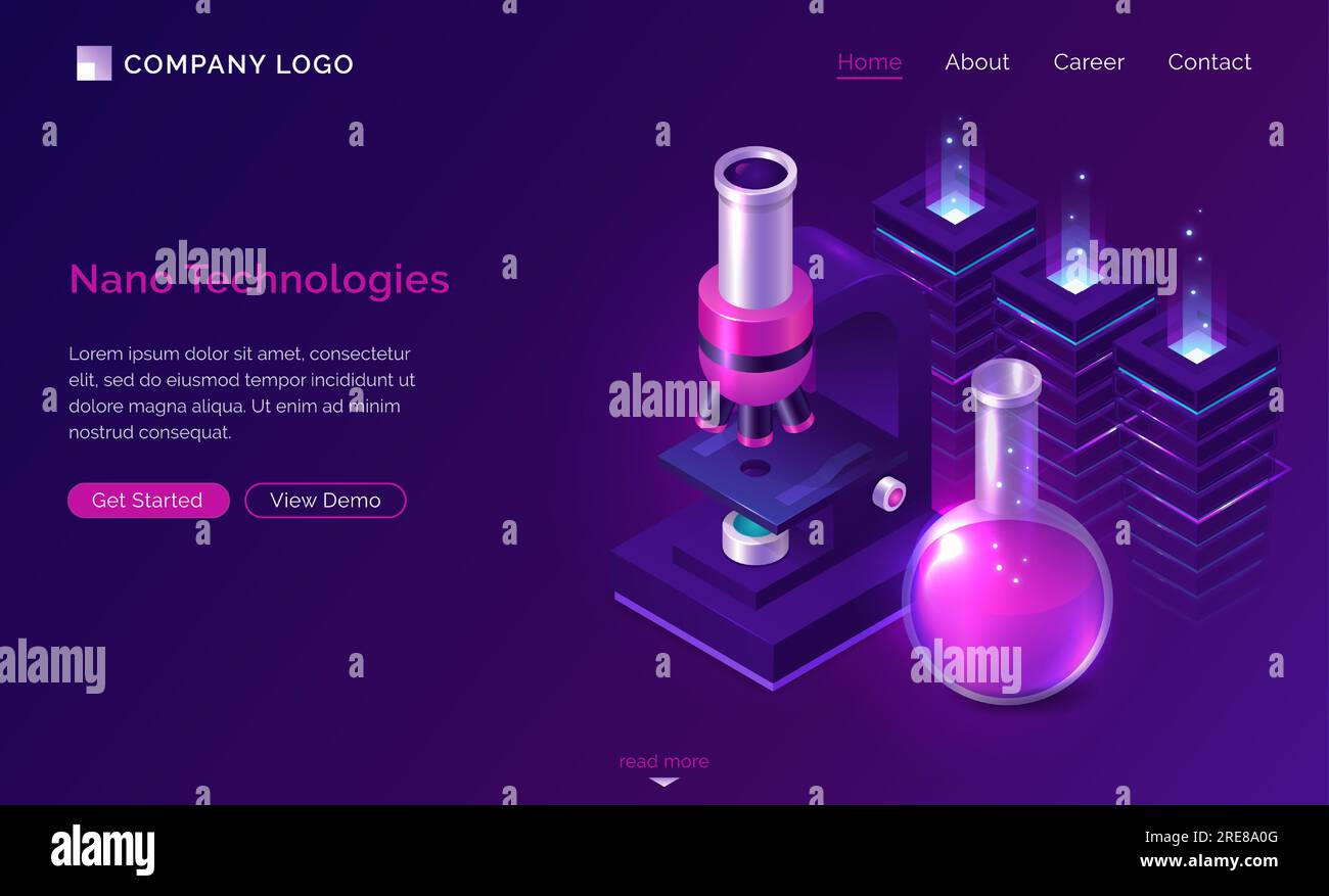 Nano technologies isometric landing page, electronic microscope, glass