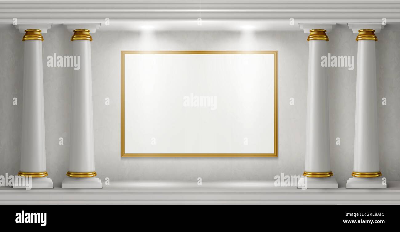 Antique columns, stone pillars and illuminated blank signboards in marble wall realistic vector, museum interior with white empty banners in art gallery, architecture background mock up Stock Vector