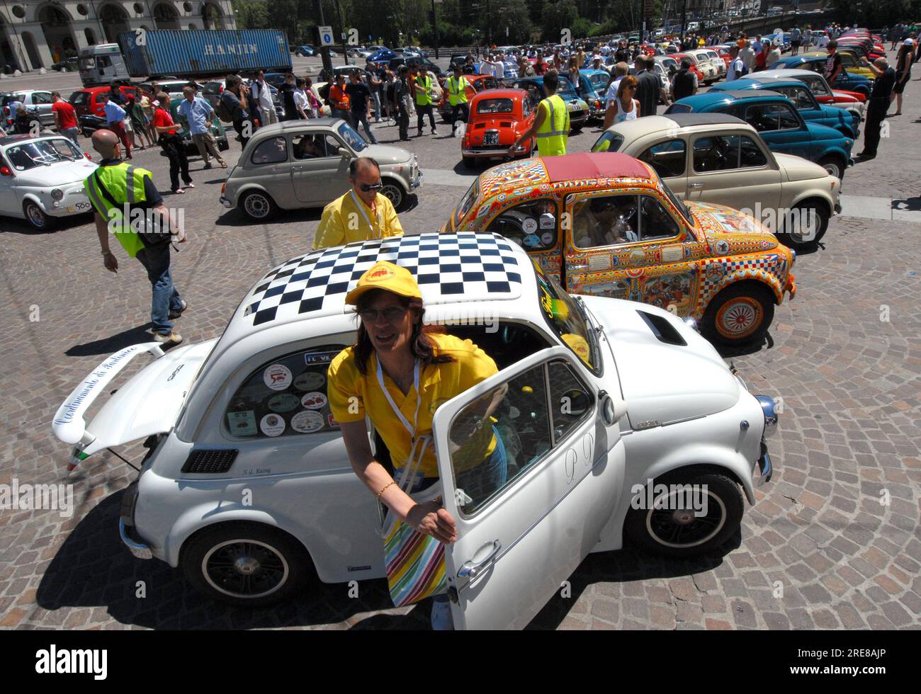 Torino, Italy - July 2007: International gathering in Turin for the launch event of the new Fiat 500. In 2007, the 50th anniversary of the Nuova 500's Stock Photo