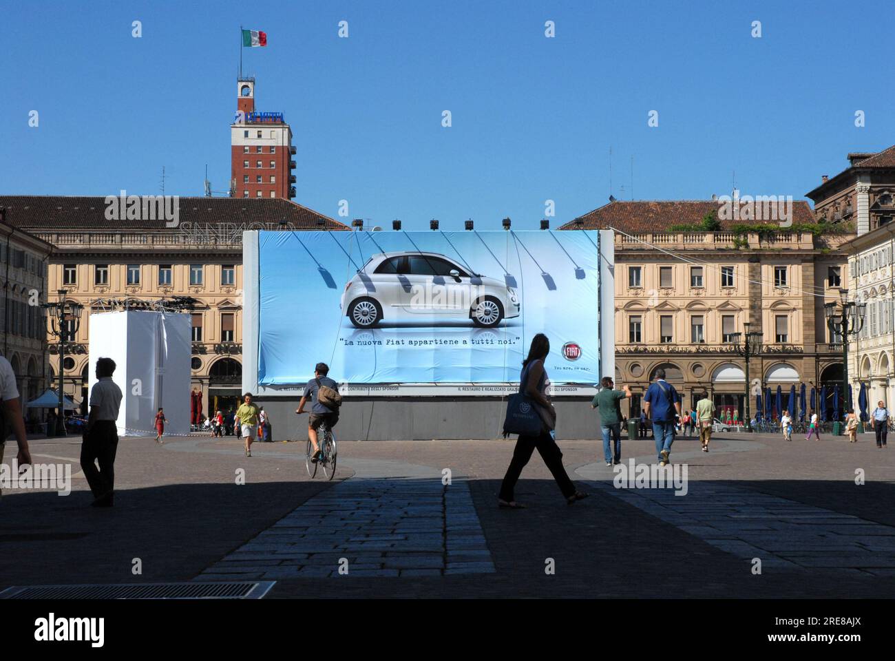 Torino, Italy - July 2007: Holyday in Turin for the launch event of the new Fiat 500. In 2007, the 50th anniversary of the Nuova 500's launch, Fiat la Stock Photo