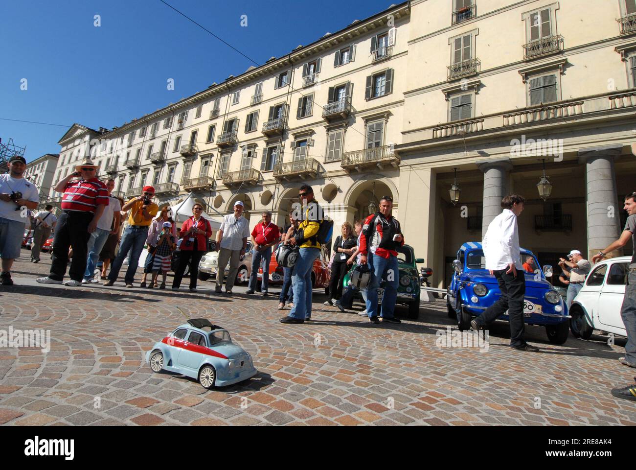 Torino, Italy - July 2007: Holyday in Turin for the launch event of the new Fiat 500. In 2007, the 50th anniversary of the Nuova 500's launch, Fiat la Stock Photo