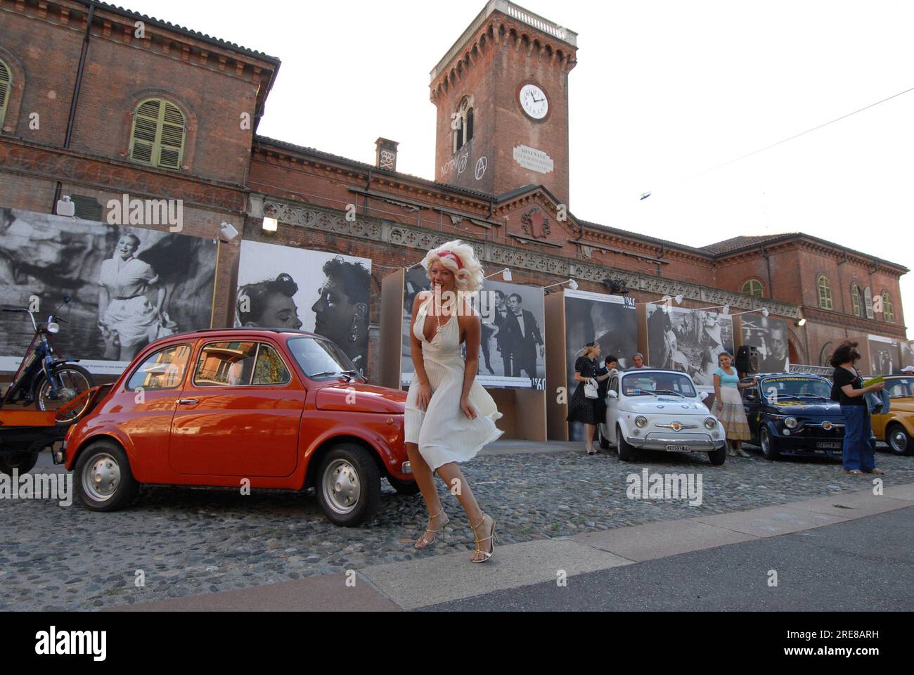Torino, Italy - July 2007: Holyday in Turin for the launch event of the new Fiat 500. In 2007, the 50th anniversary of the Nuova 500's launch, Fiat la Stock Photo