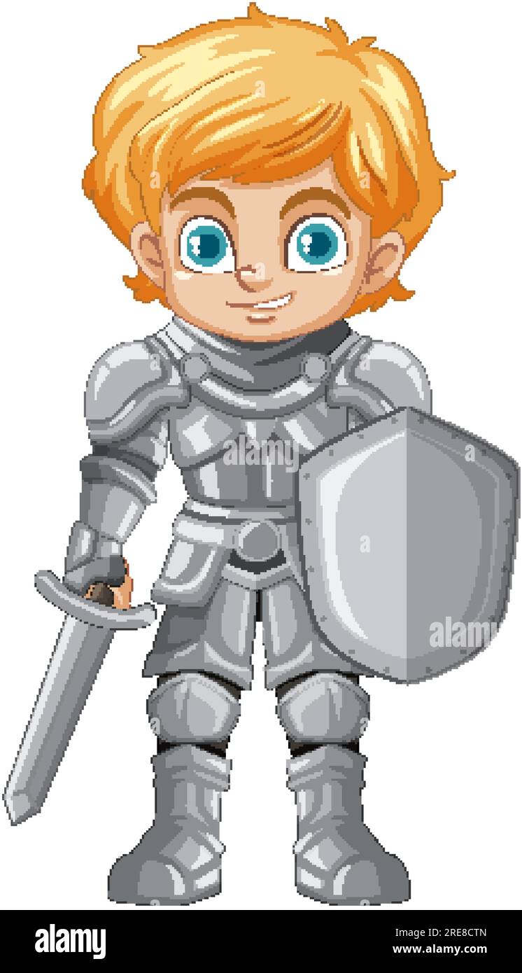 Cartoon knight boy holding sword and shield illustration Stock Vector ...