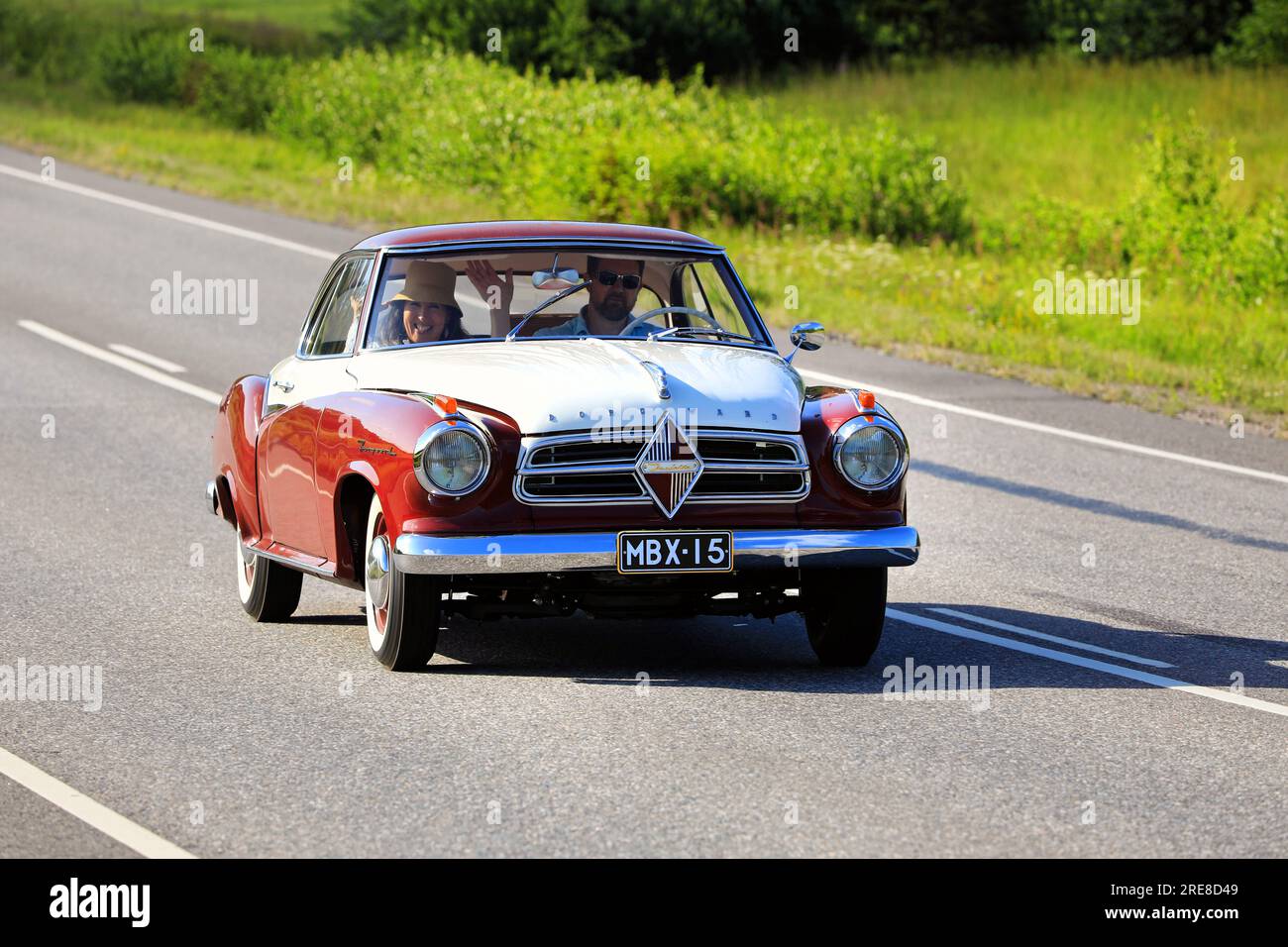 Enjoying the drive with Borgward Isabella Coupe classic car on Borgward Car Club Finland Annual Drive 2023 in Salo, Finland on July 22, 2023. Stock Photo