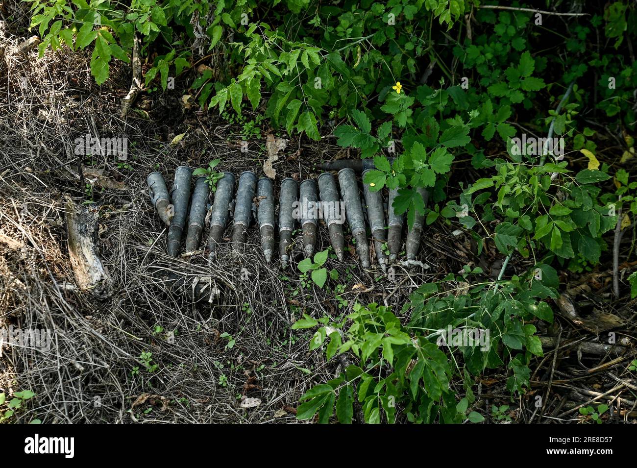 NOVODARIVKA, UKRAINE - JULY 21, 2023 - Ammunition rounds are arranged on the ground in Novodarivka village, Zaporizhzhia Region, southeastern Ukraine. Stock Photo