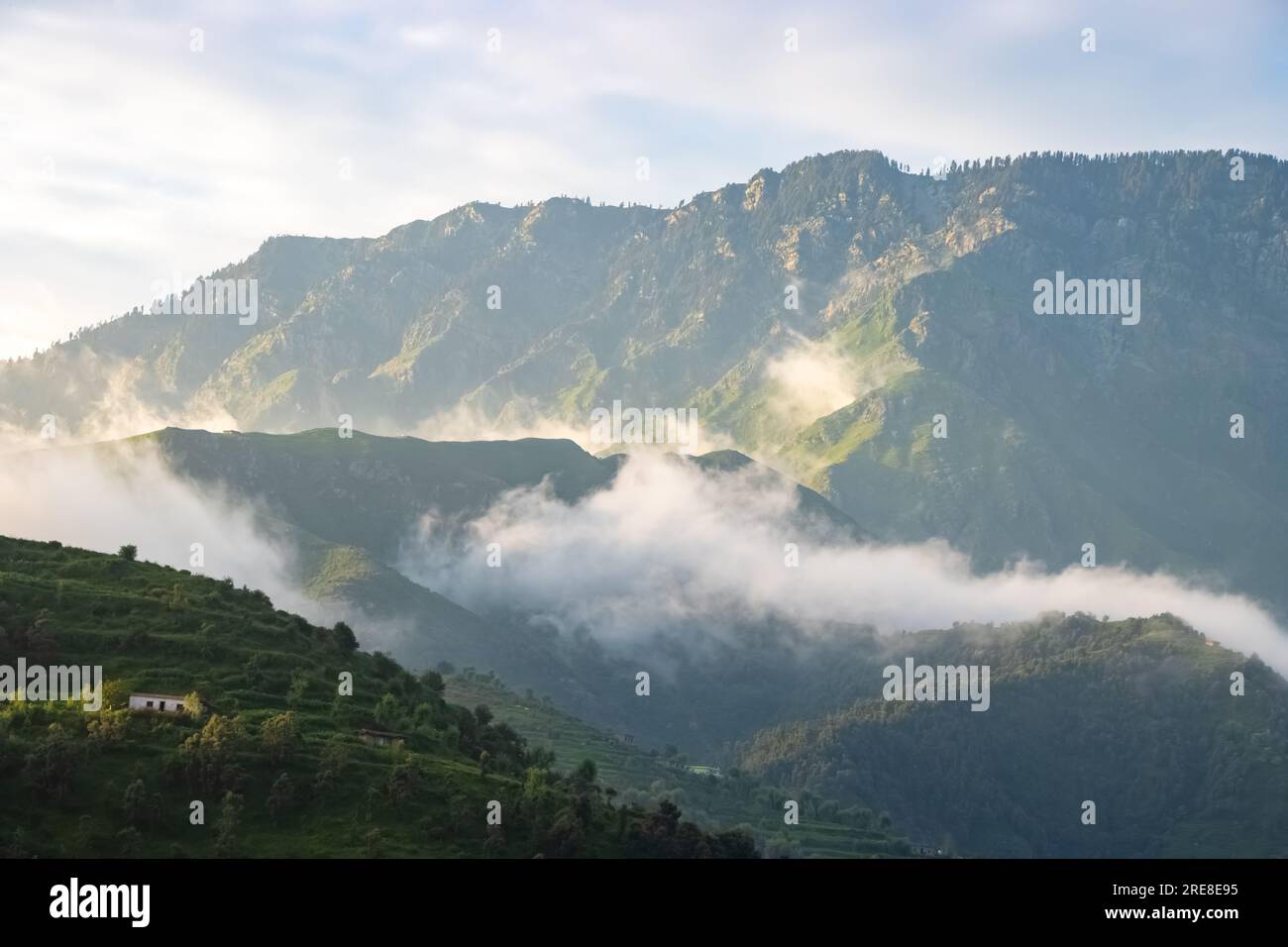 Foggy landscape in the jungle. Fog and cloud mountain tropic valley landscape. aerial view, wide misty panorama Stock Photo