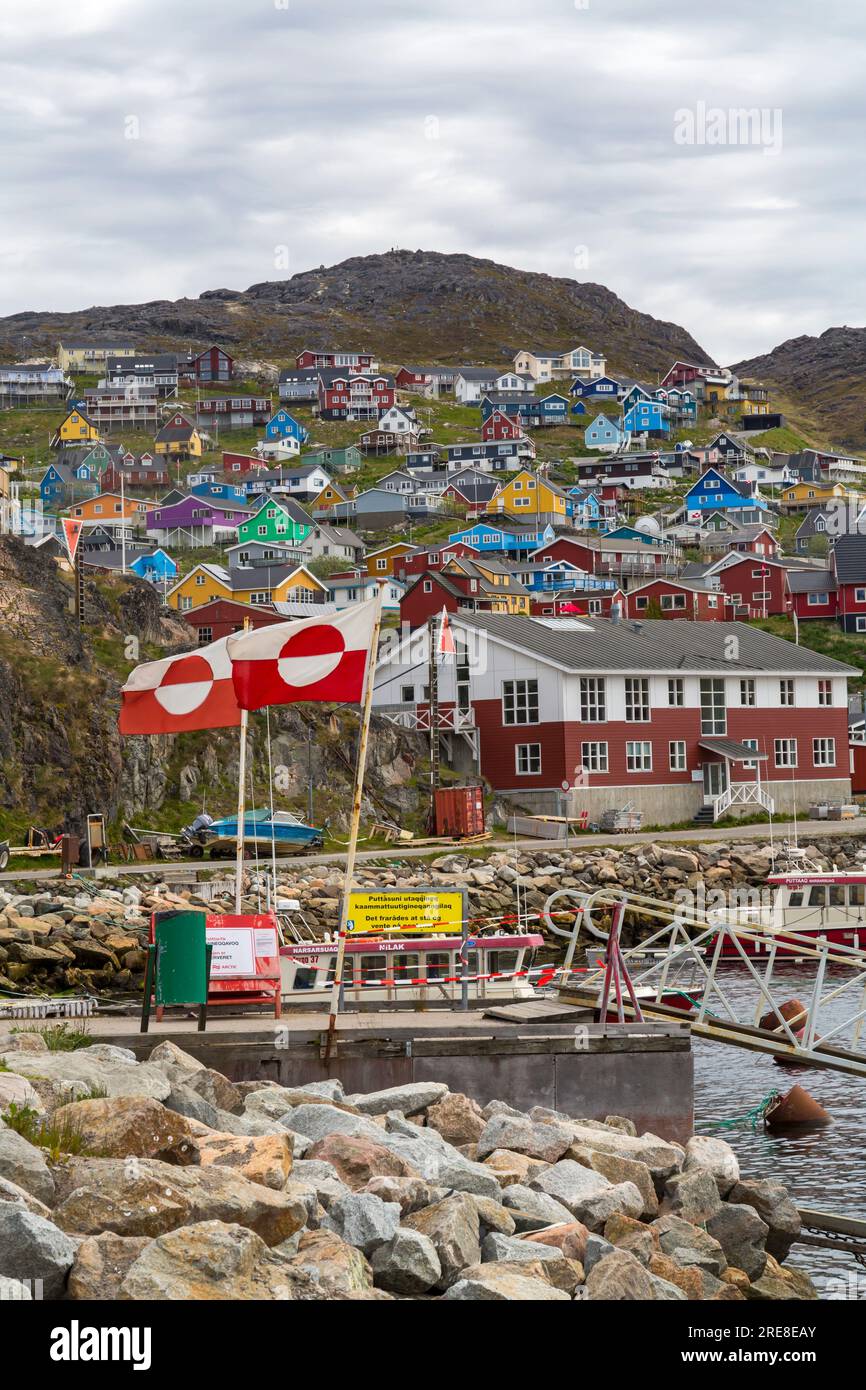 colourful houses and port harbour at Qaqortoq, Greenland in July Stock ...