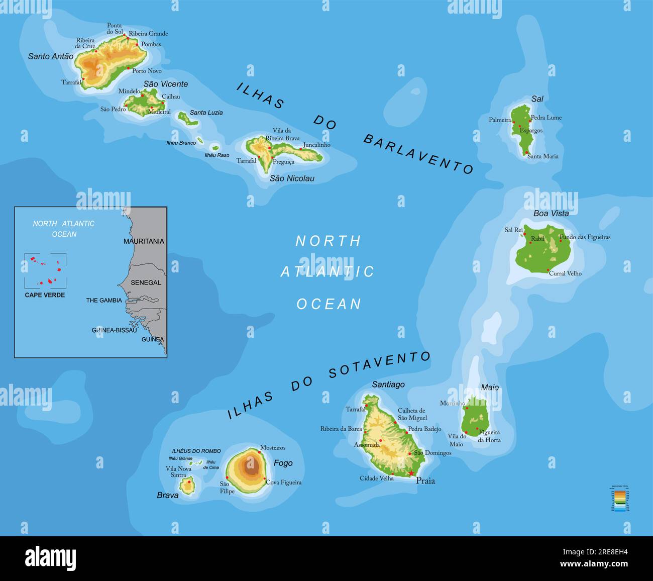 Highly detailed physical map of Cape Verde in vector format,with all the relief forms,regions and big cities. Stock Vector