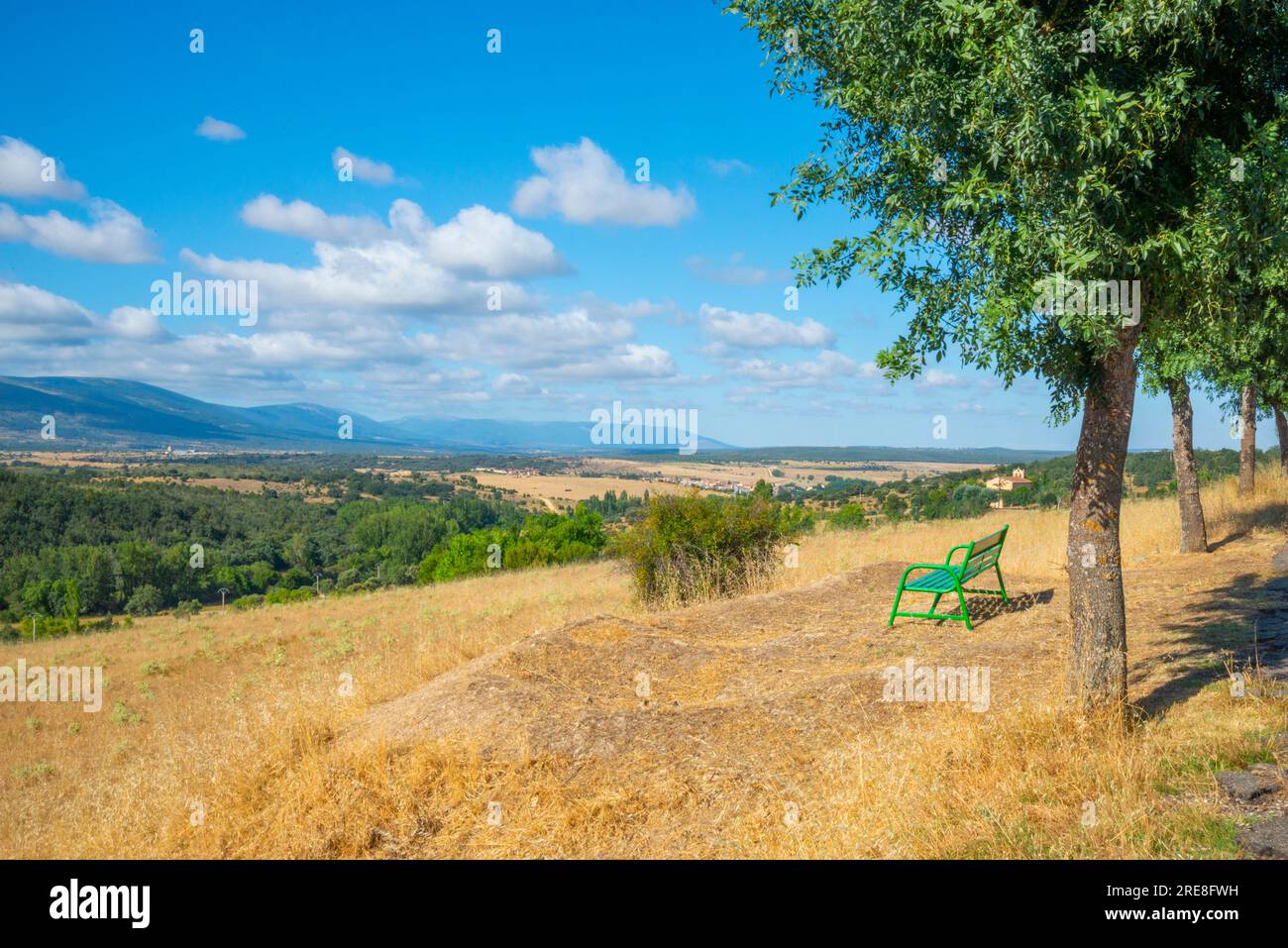 Bench and landscape. Cerezo de Arriba, Segovia province, Castilla Leon, Spain. Stock Photo