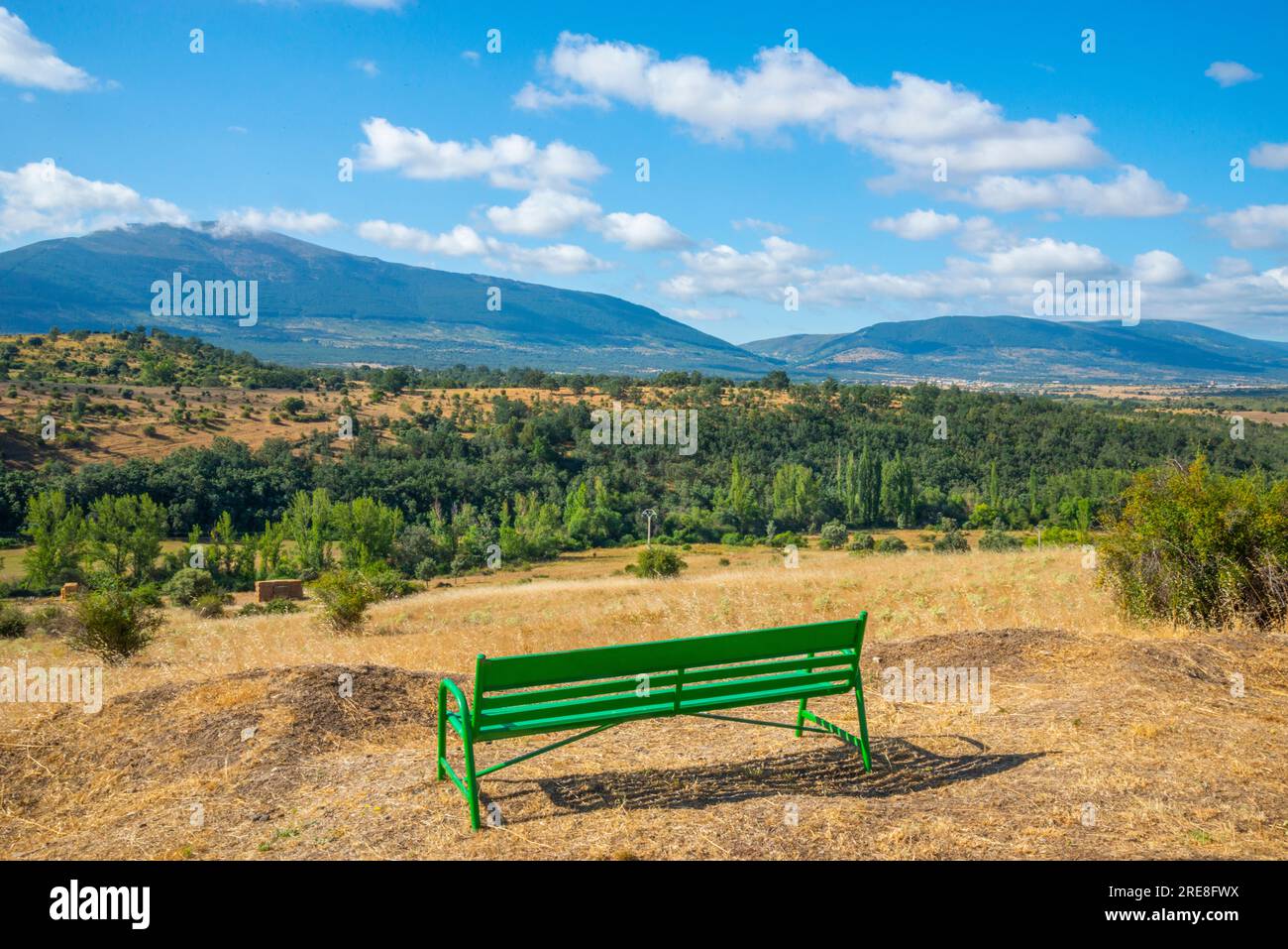 Bench and landscape. Cerezo de Arriba, Segovia province, Castilla Leon, Spain. Stock Photo