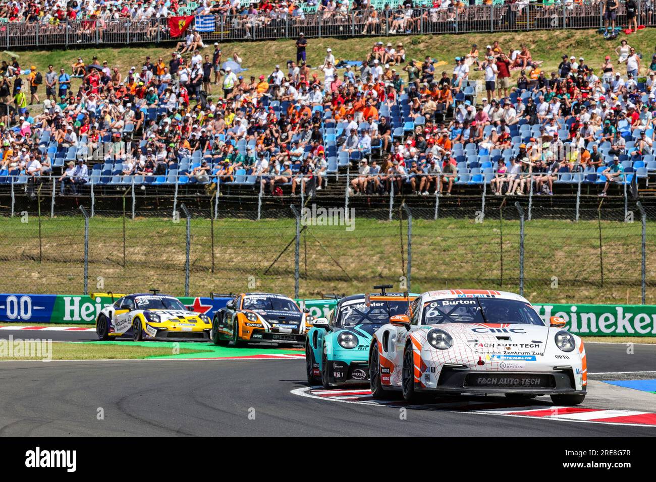 Budapest, Hungary. 23rd July, 2023. #6 Gustav Burton (UK, Fach Auto Tech), #7 Leon Kohler (D, Huber Racing), Porsche Mobil 1 Supercup at Hungaroring on July 23, 2023 in Budapest, Hungary. (Photo by HIGH TWO) Credit: dpa/Alamy Live News Stock Photo