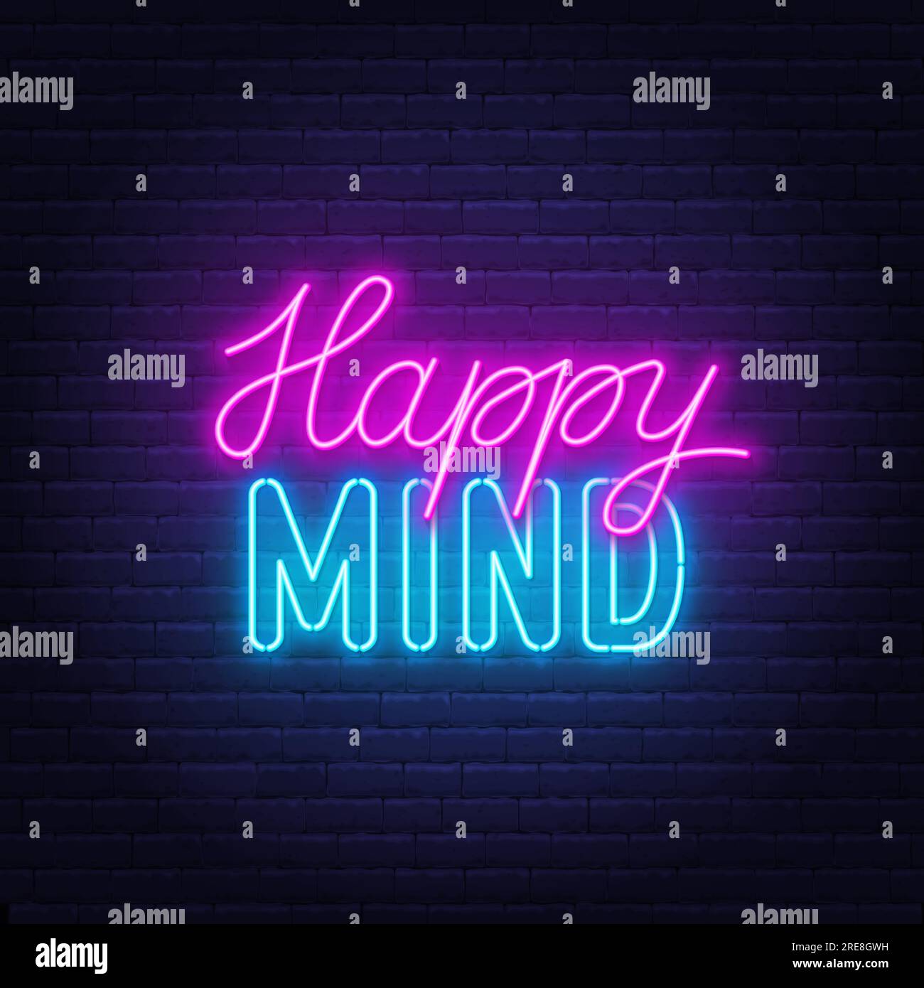 Happy Mind neon lettering on brick wall background Stock Vector Image
