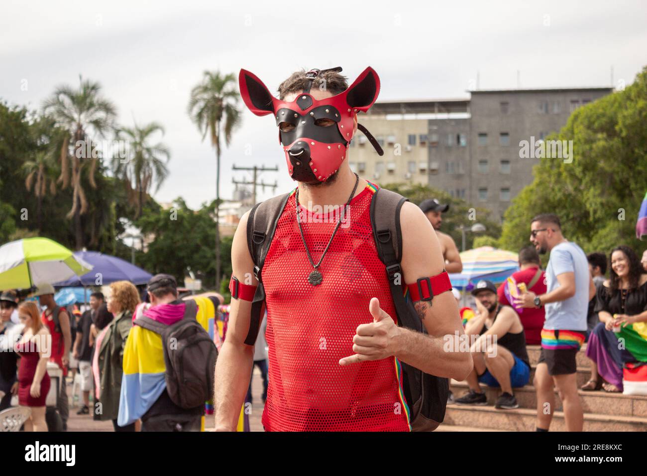 Goiania, Goias, Brazil – June 25, 2023: A person wearing a mask during the Gay Pride Parade in Goiania. Stock Photo