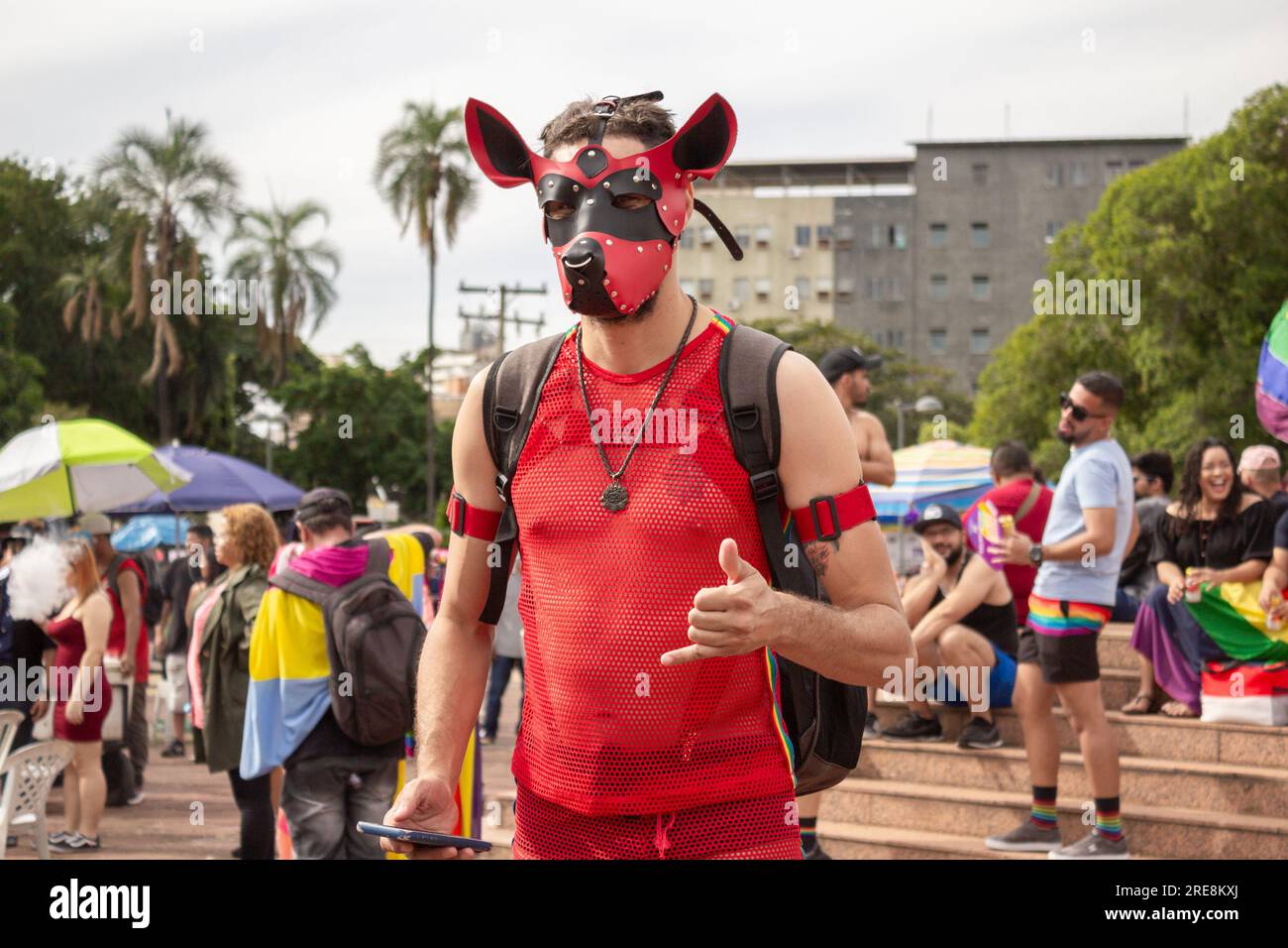 Goiania, Goias, Brazil – June 25, 2023: A person wearing a mask during the Gay Pride Parade in Goiania. Stock Photo