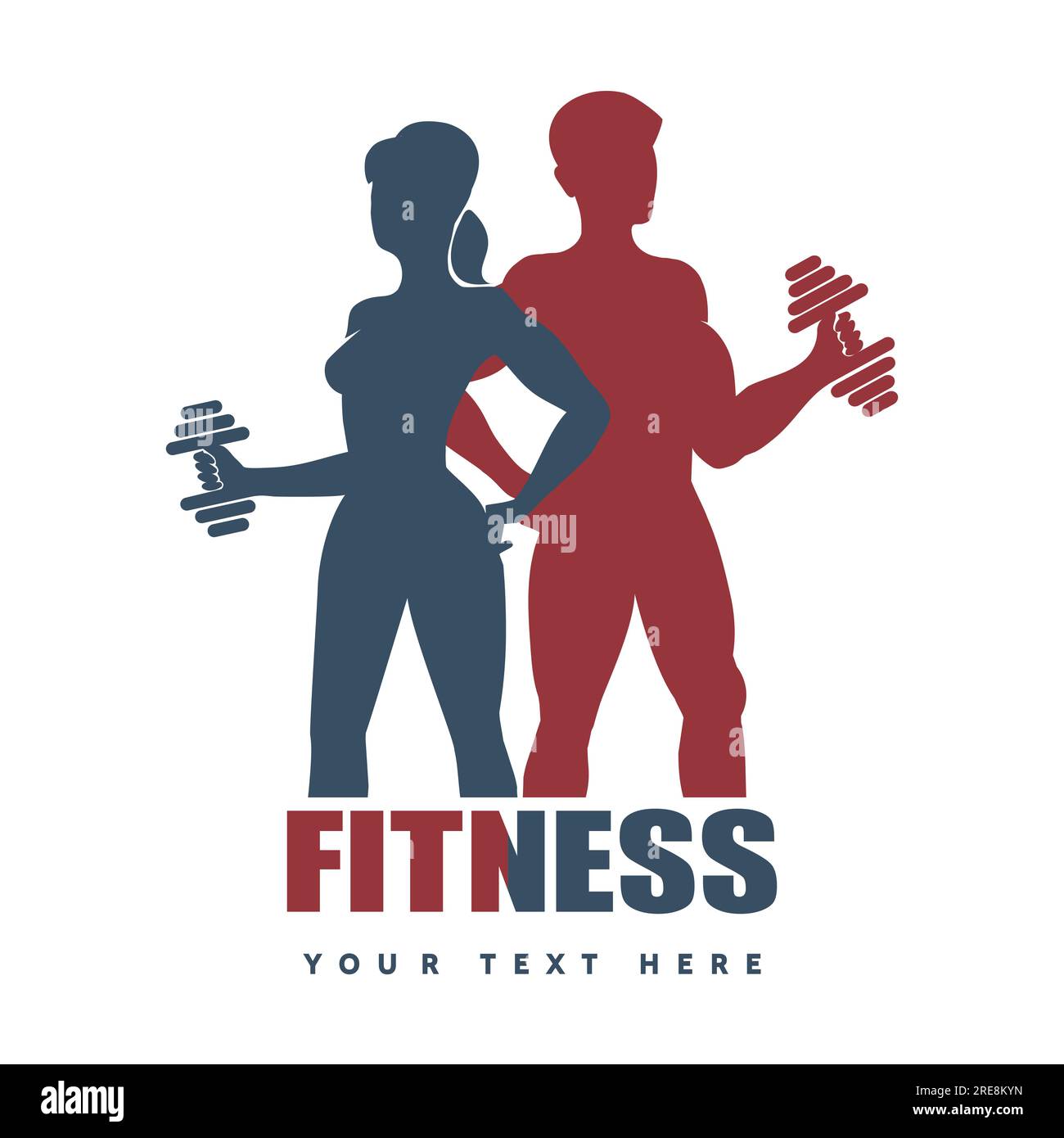 Fitness club logo or emblem. Strong Woman and Man Silhouettes Holds Dumbbells. Isolated on white background. Stock Vector