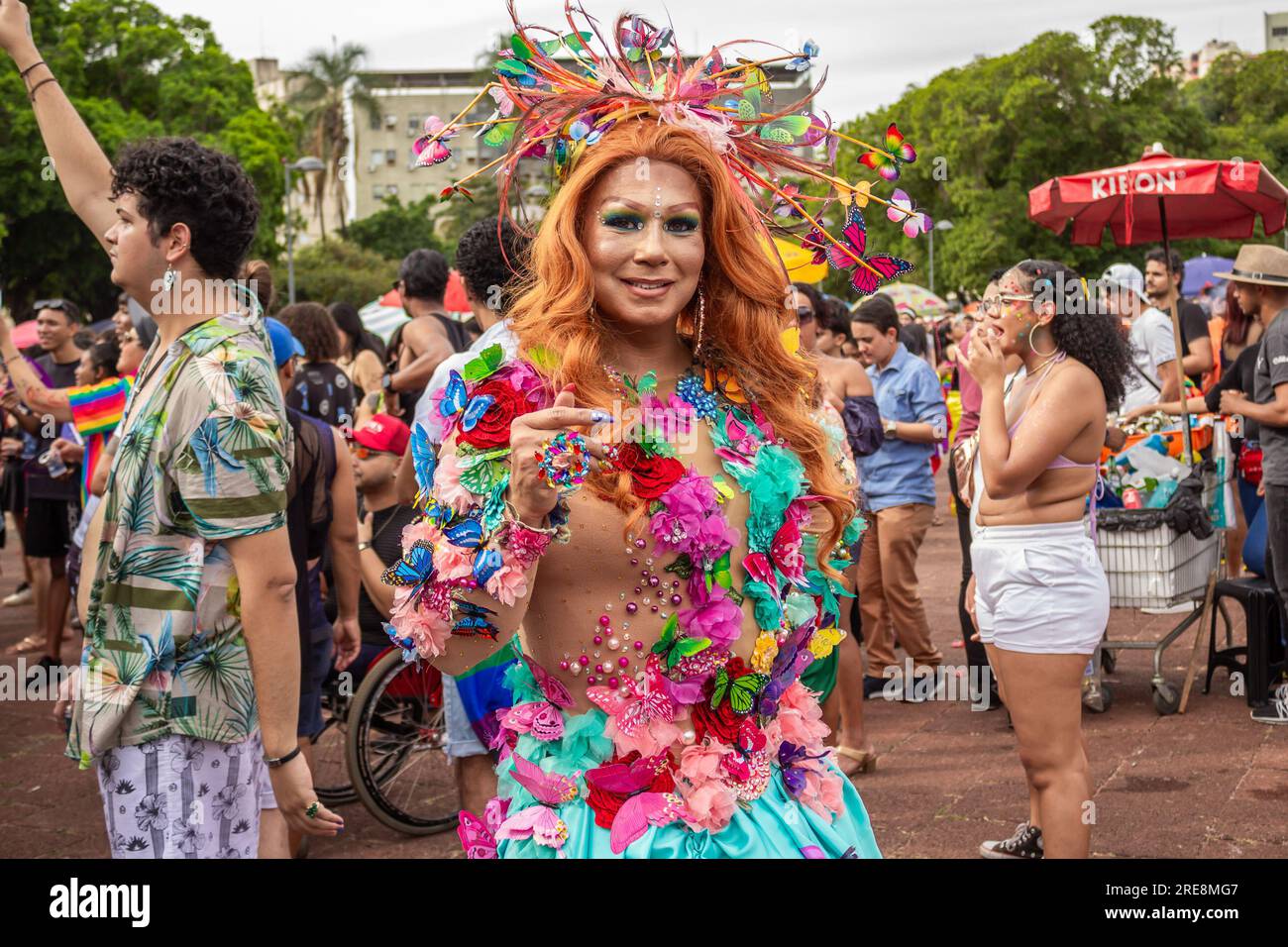 Goiania, Goias, Brazil – June 25, 2023: A very produced trans woman, enjoying the Gay Pride Parade in Goiania. Stock Photo