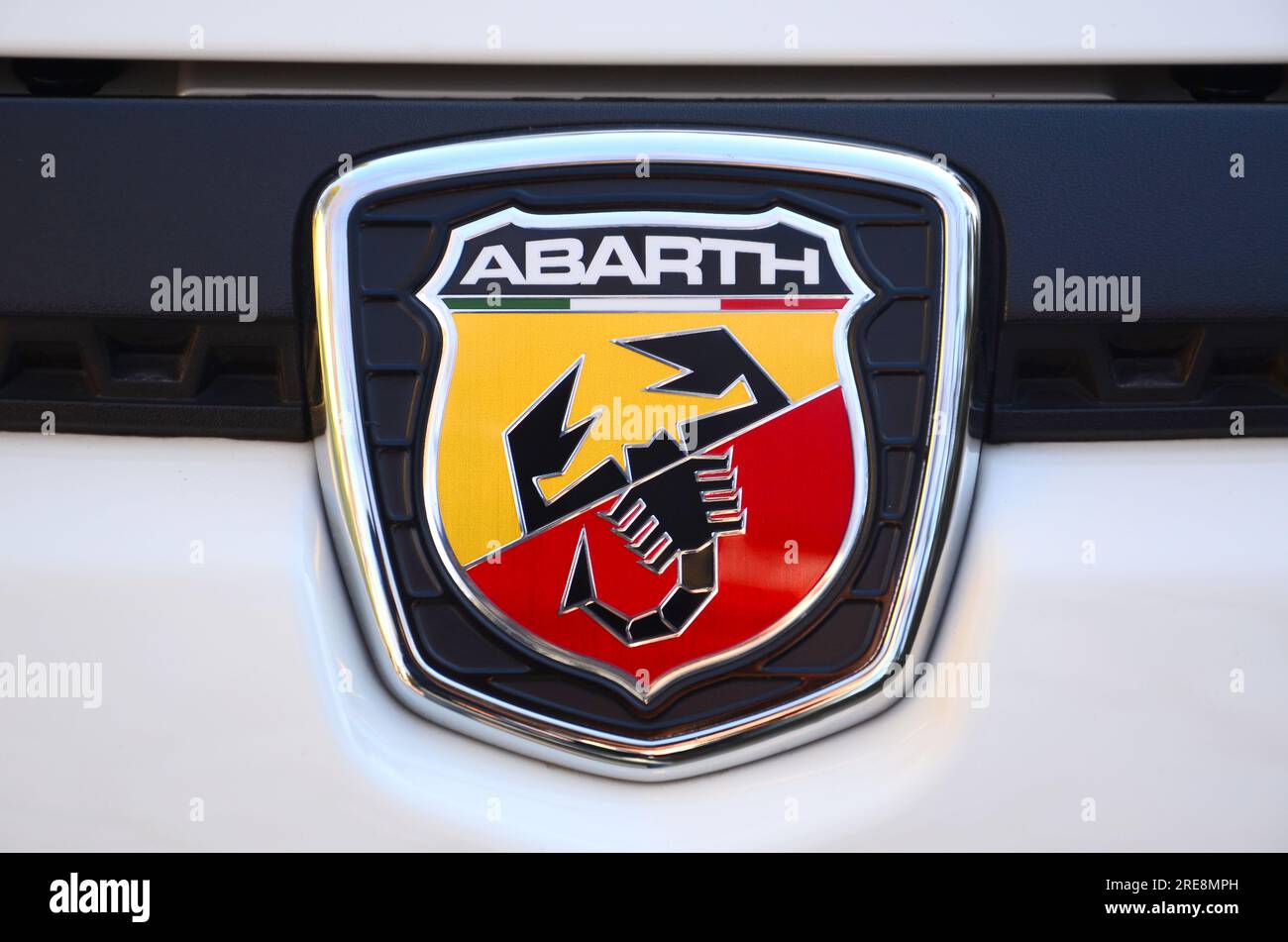 Florence, ITALY - 3 March, 2019: Detail of ABARTH Logo on a white