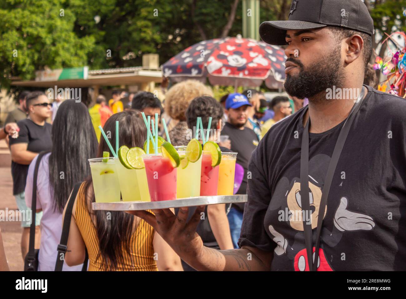 Goiania, Goias, Brazil – June 25, 2023: Beverage vendor at a street event in Goiania. Photo taken during the Gay Pride Parade. Stock Photo