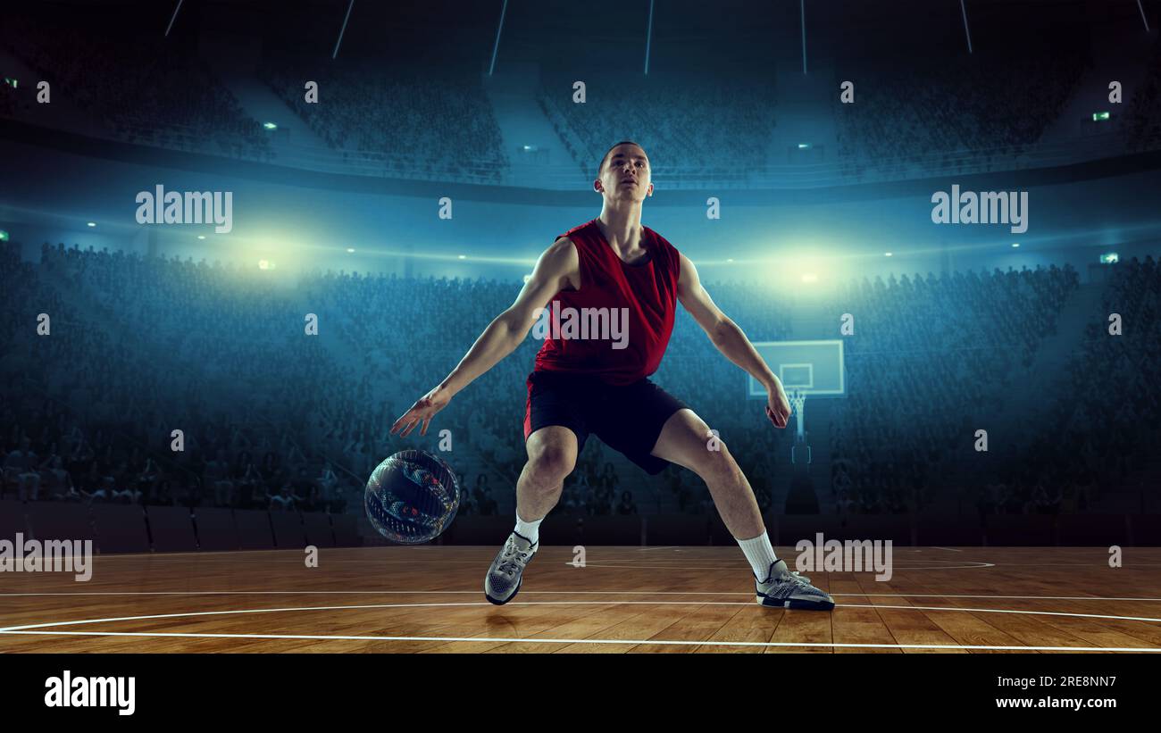 Concentrated and motivated young man, athlete, basketball player in ...