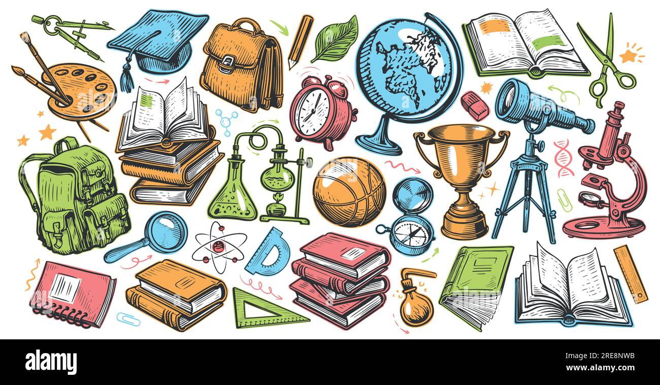 School items set. Educational supplies collection. Back to school, concept vector illustration Stock Vector