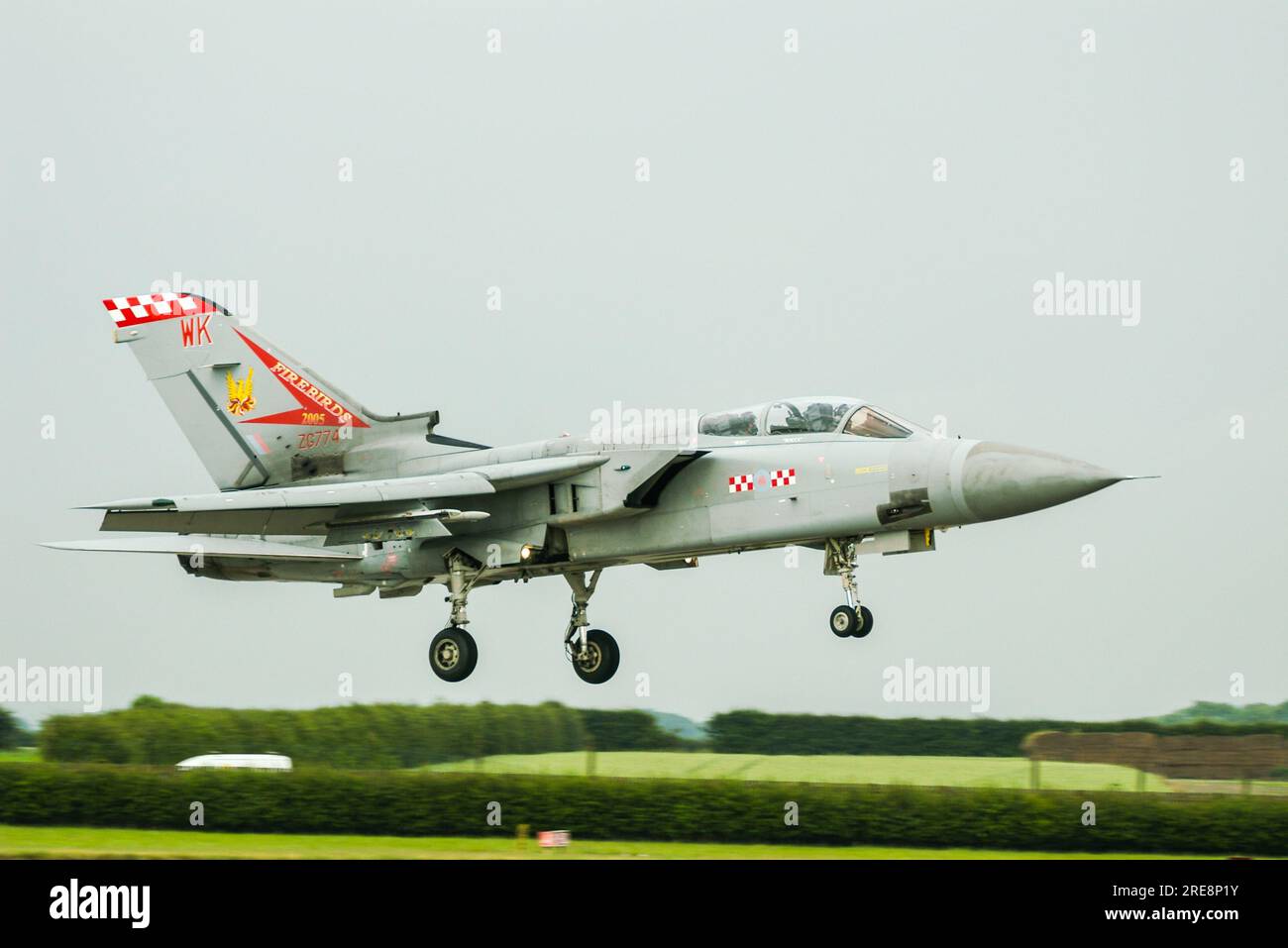 Panavia Tornado F3 fighter jet plane ZG774 landing at RAF Waddington for the International Airshow, UK. 56 Squadron Firebirds 2005 special markings Stock Photo