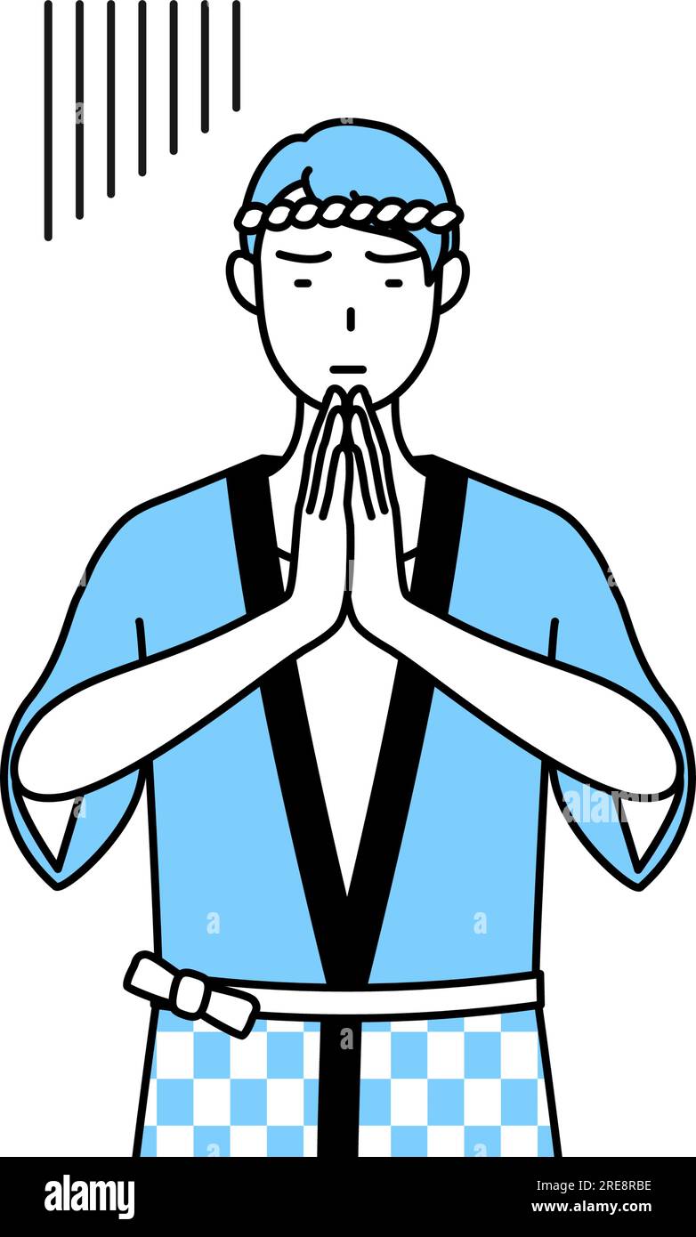 Man wearing Happi coat for summer festivals apologizing with his hands ...