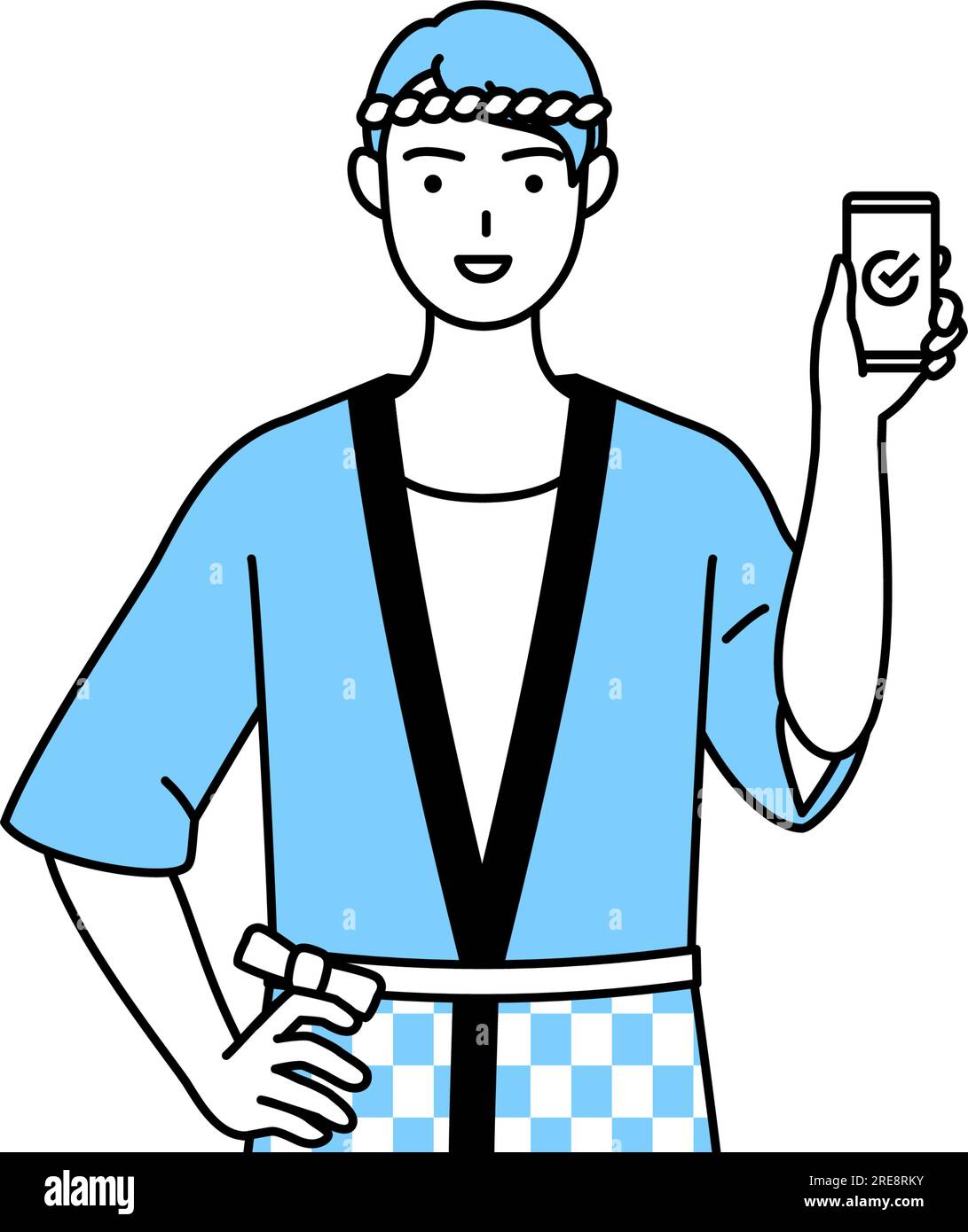 Man wearing Happi coat for summer festivals using a smartphone at work, Vector Illustration Stock Vector