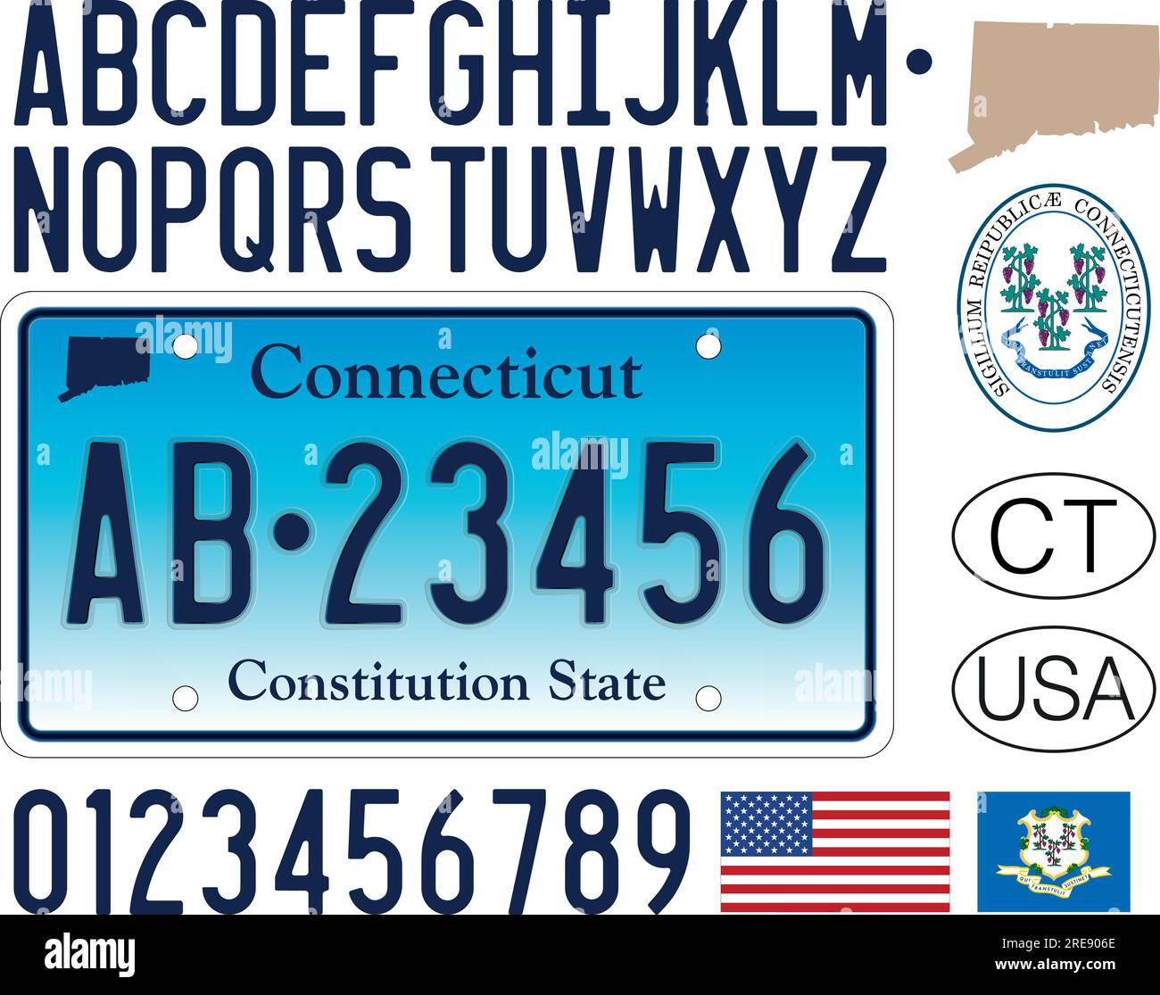 Connecticut car license plate, USA, letters, numbers and symbols, vector illustration, USA Stock