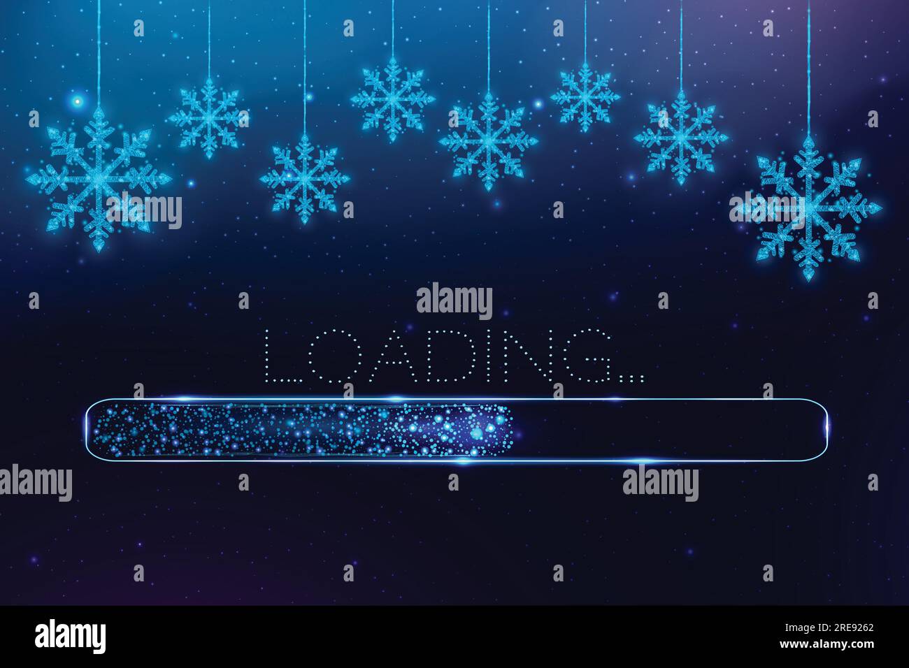 Wireframe snowflakes and loading bar, low poly style. Merry Christmas and New Year banner. Abstract modern vector illustration on blue background Stock Vector