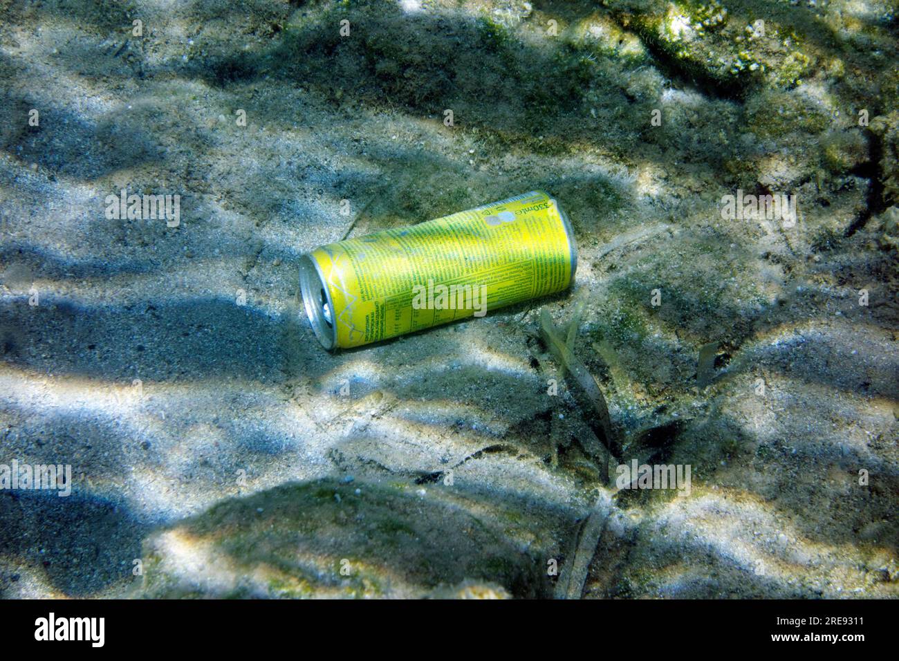 Drink can on sea bed, Tilos Island near  Rhodes, Dodecanese Islands, Greece. Stock Photo