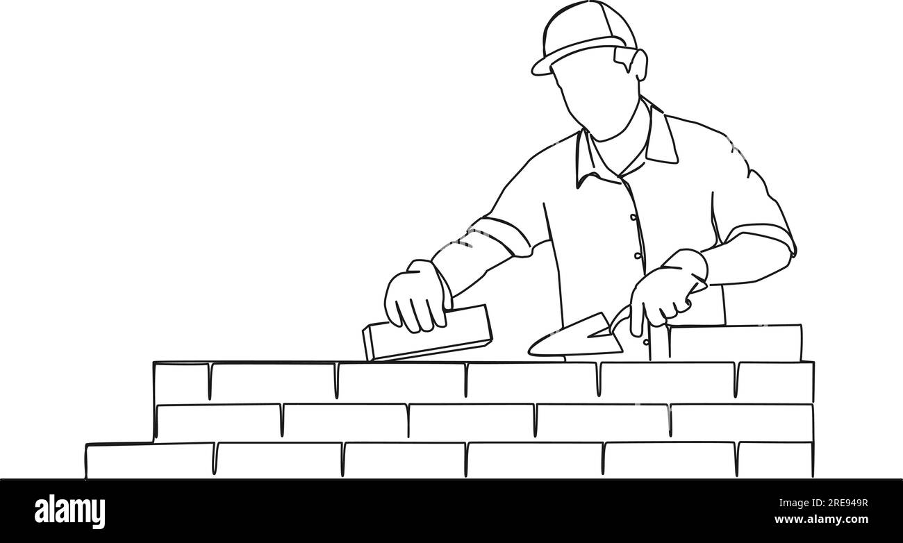 continuous single line drawing of mason building wall, bricklaying line art vector illustration Stock Vector