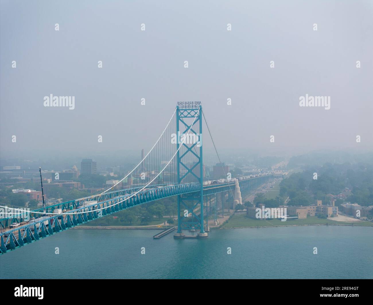 Windsor Ontario Canada with the horizon obscured by wildfire smoke at
