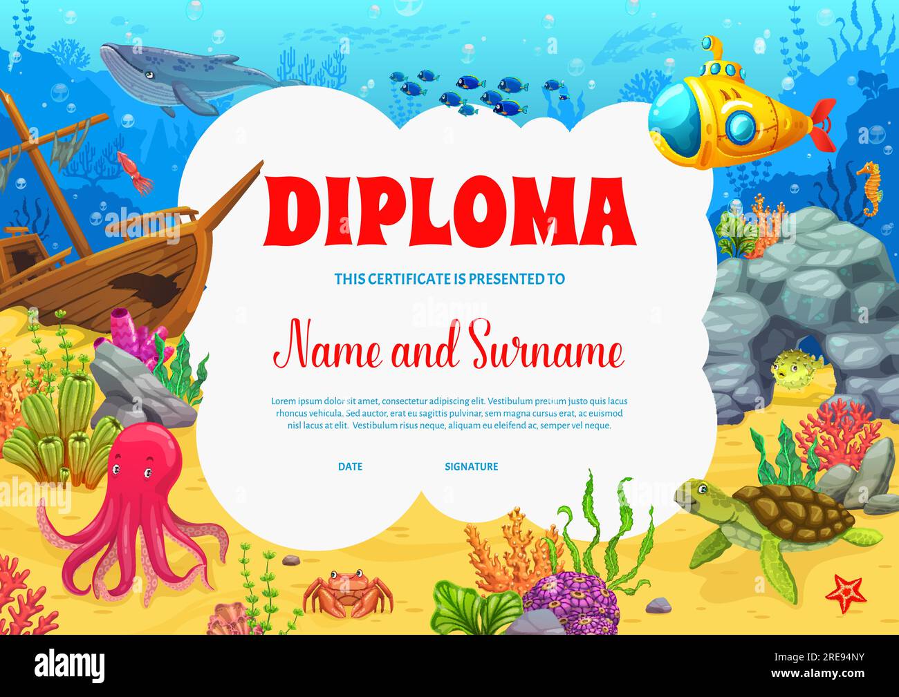 Kids diploma, cartoon sea underwater landscape with submarine, octopus and turtle, vector certificate. School or kindergarten workshop certificate diploma with and sunken ship in underwater coral reef Stock Vector