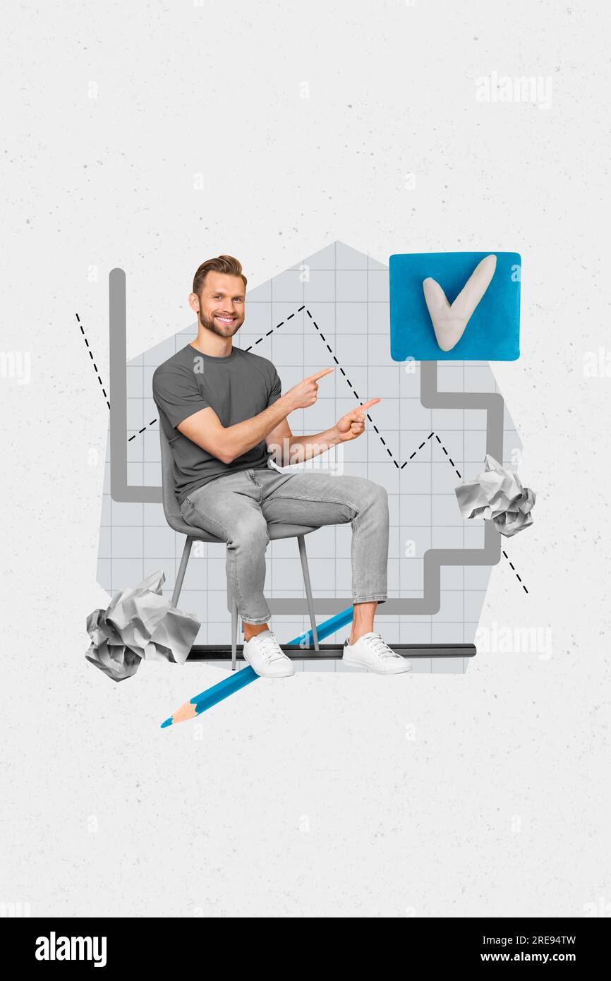 Vertical collage image of positive guy sitting chair point fingers ...