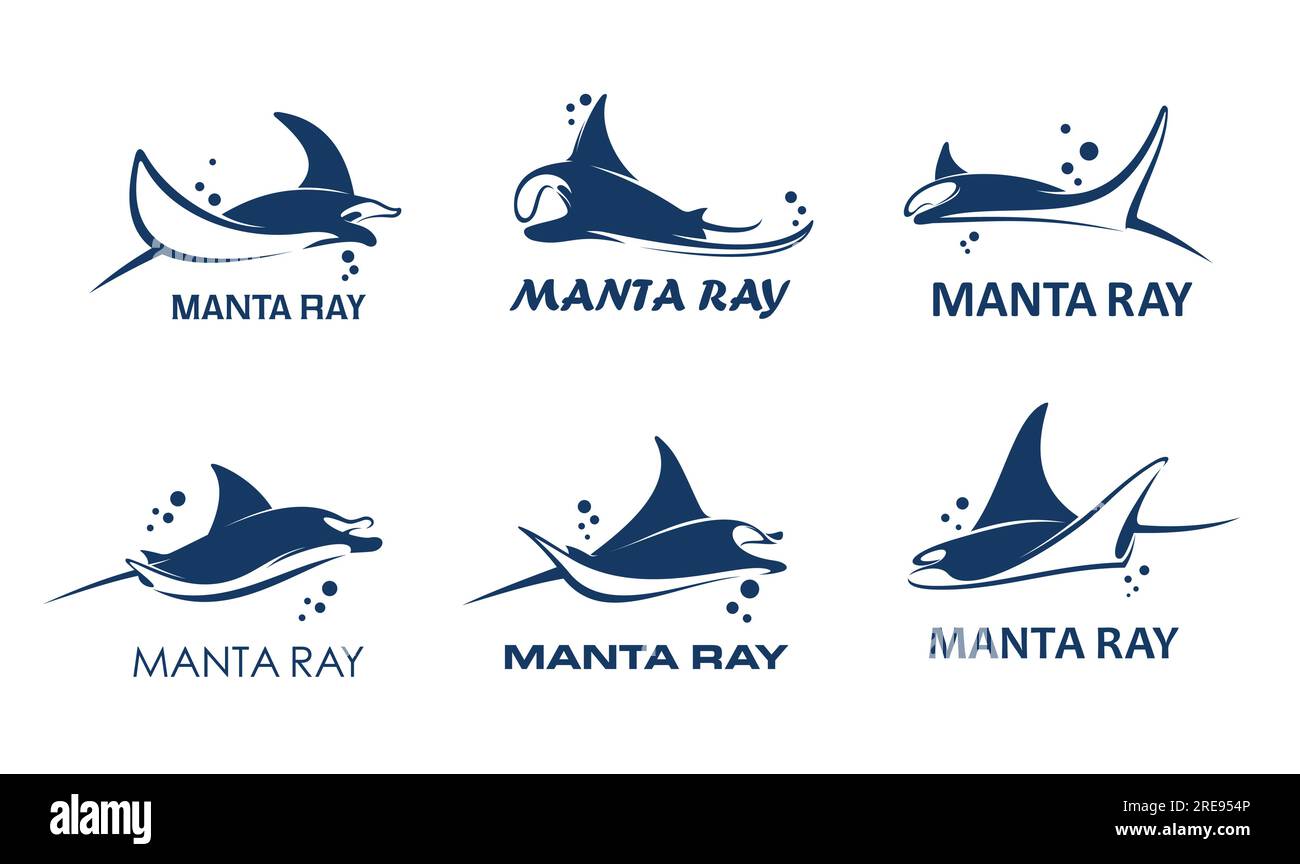 Manta ray animal icons, stingray or sting ray fish on water wave with bubbles, vector emblems for company. Manta ray symbols for marine brand, yacht sport club or sea and ocean holiday resort sign Stock Vector
